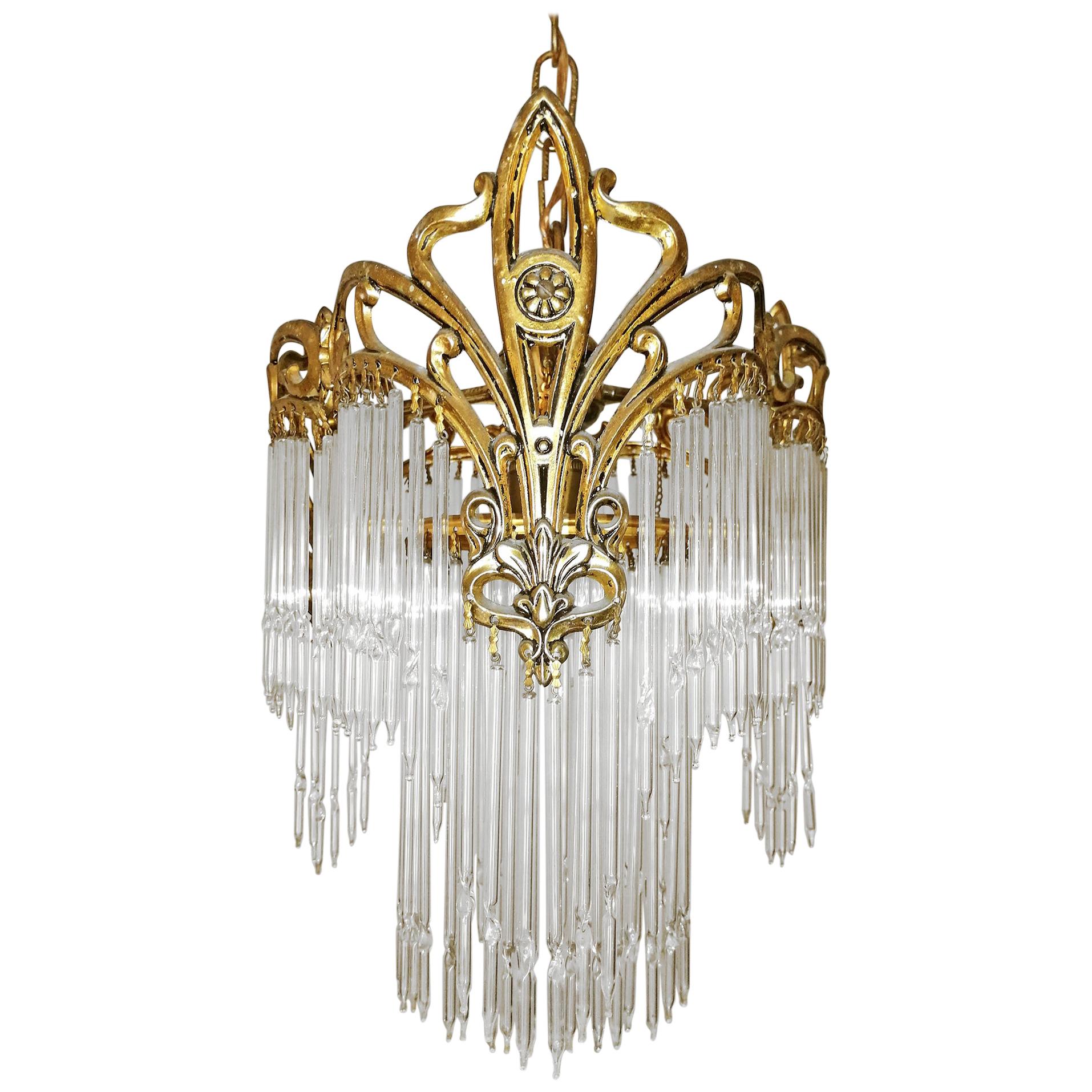 French Art Nouveau & Art Deco Gilt Bronze Crystal Fringe Chandelier Lantern 1920