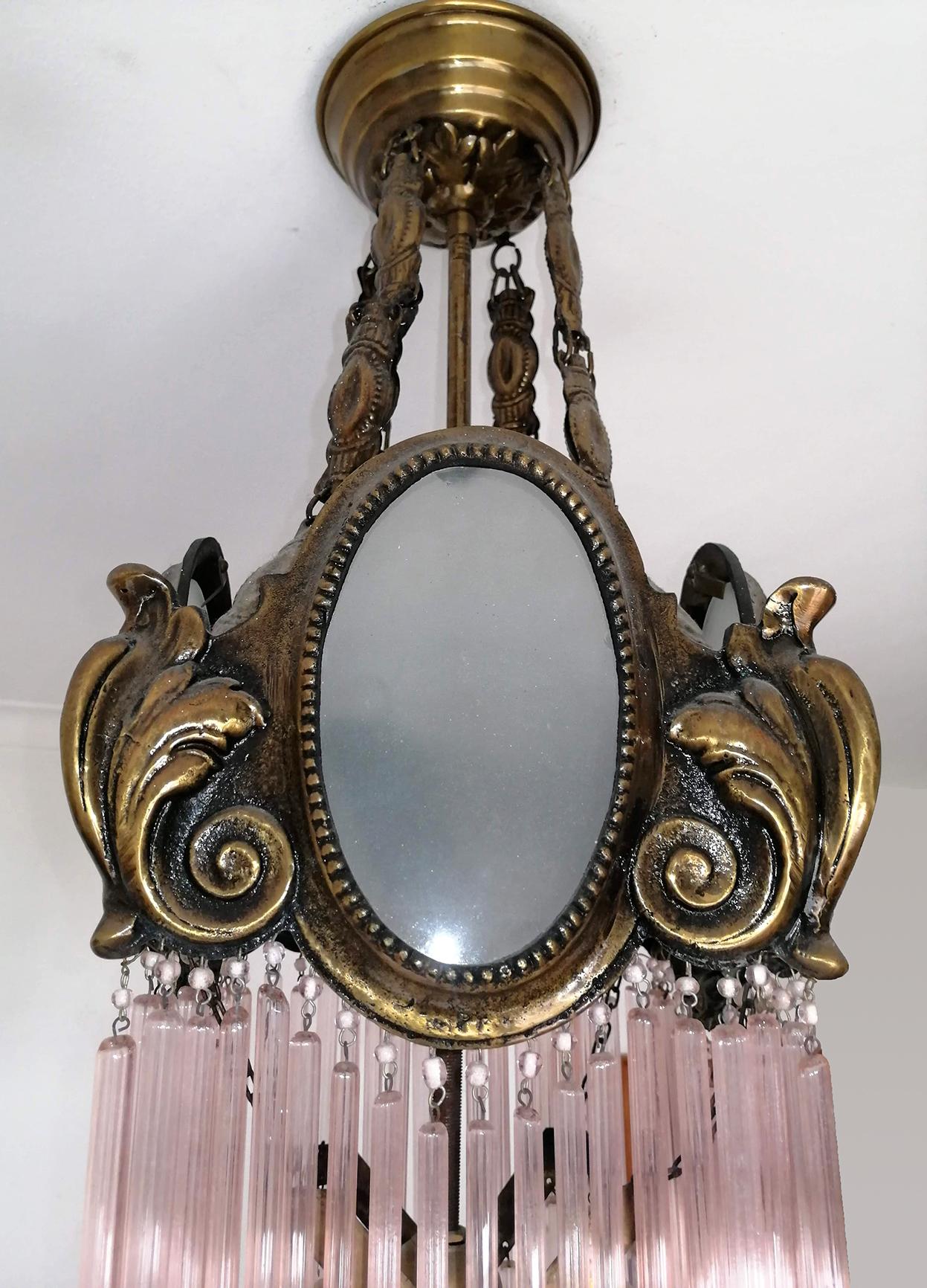 French Art Nouveau Art Deco Gilt Bronze Pink Glass Fringe Chandelier or Lantern 4