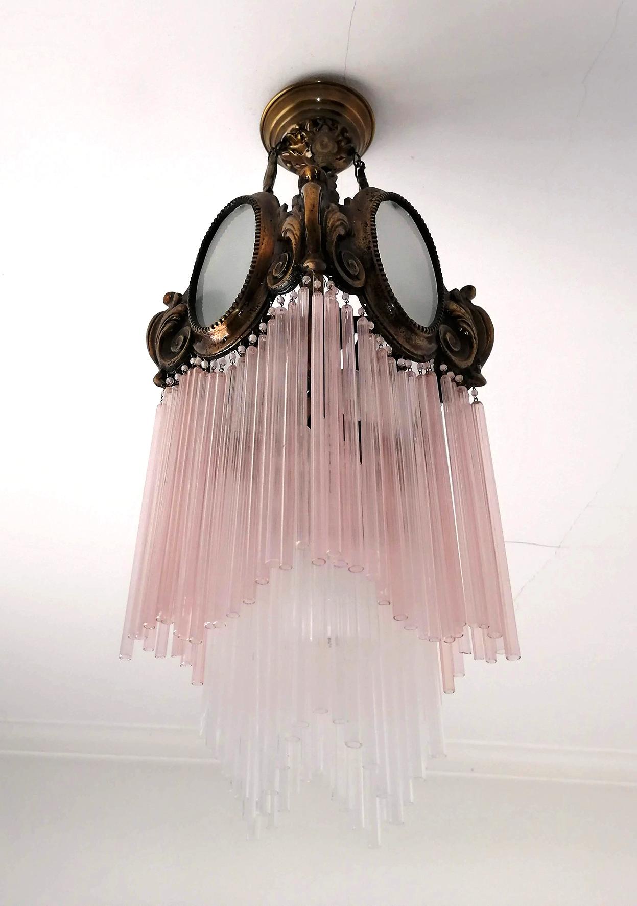 Beaded French Art Nouveau Art Deco Gilt Bronze Pink Glass Fringe Chandelier or Lantern