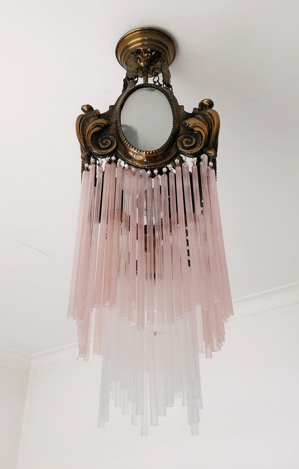 French Art Nouveau Art Deco Gilt Bronze Pink Glass Fringe Chandelier or Lantern In Excellent Condition In Coimbra, PT