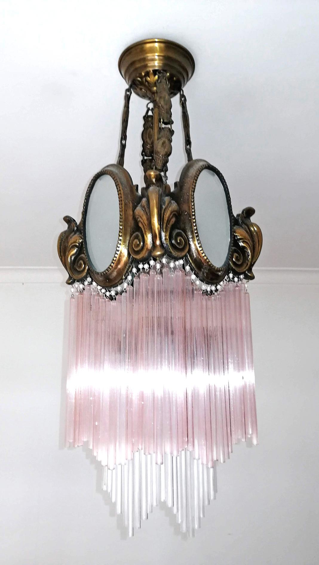 20th Century French Art Nouveau Art Deco Gilt Bronze Pink Glass Fringe Chandelier or Lantern