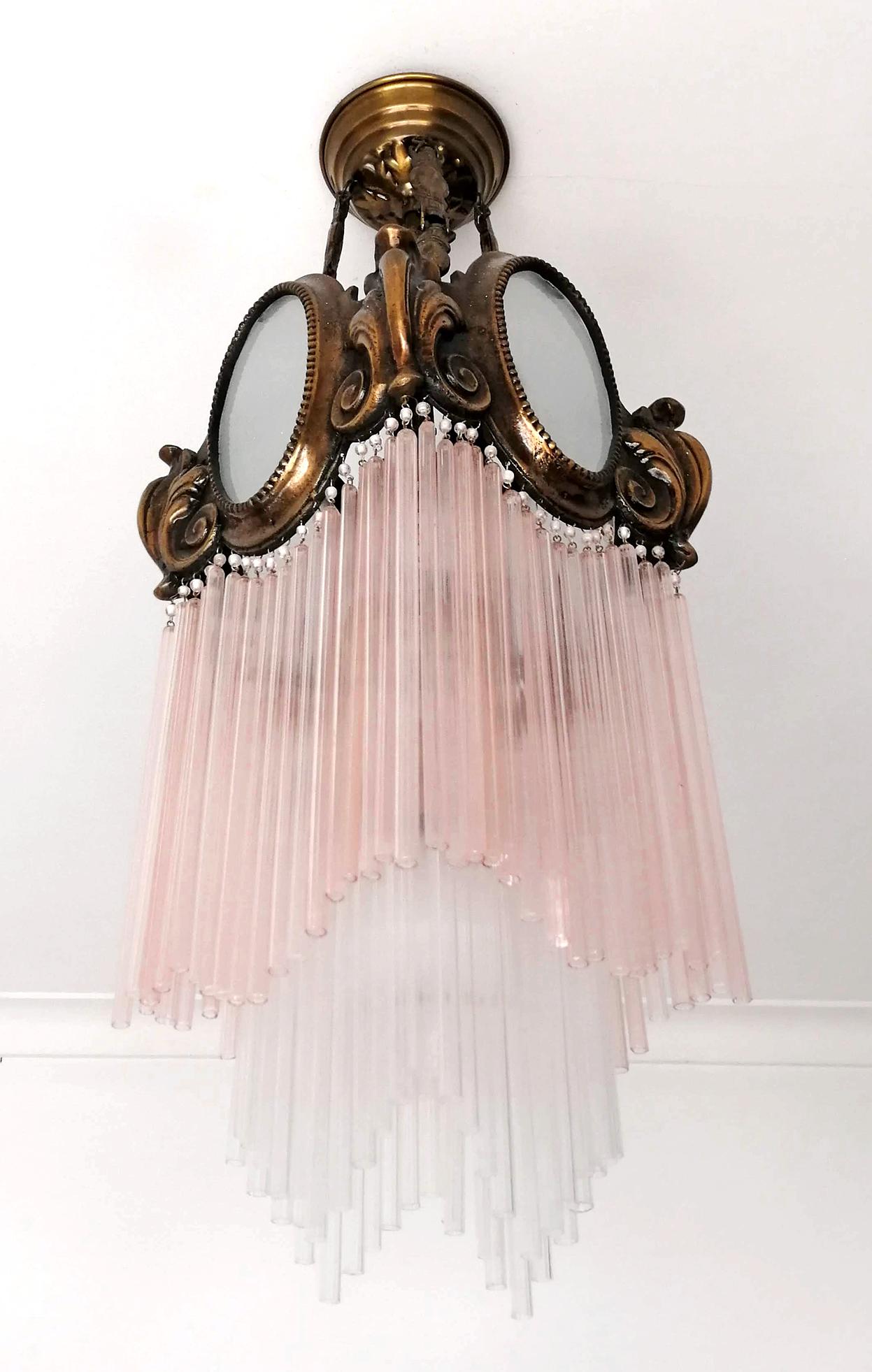 French Art Nouveau Art Deco Gilt Bronze Pink Glass Fringe Chandelier or Lantern 1