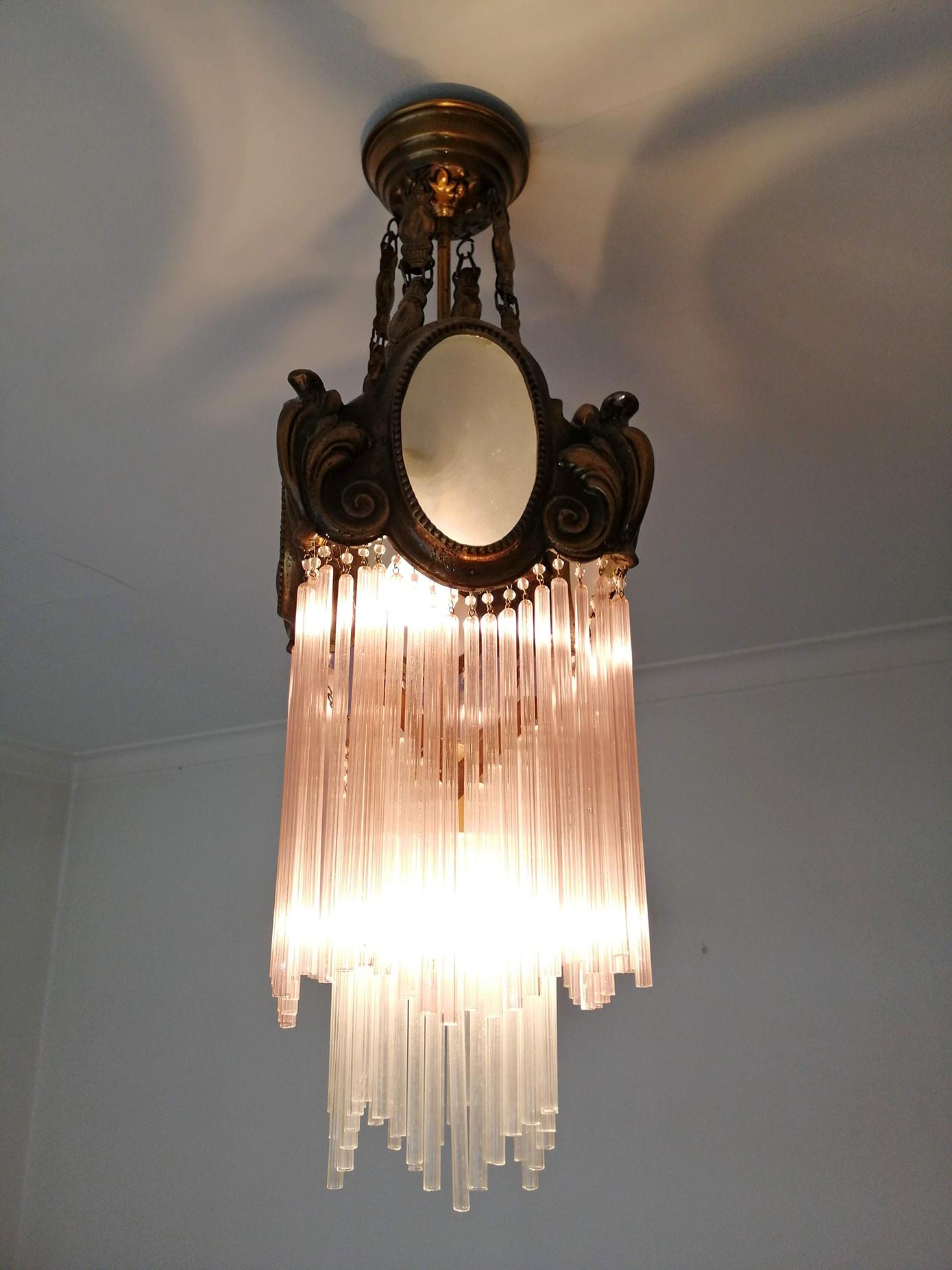 French Art Nouveau Art Deco Gilt Bronze Pink Glass Fringe Chandelier or Lantern 3