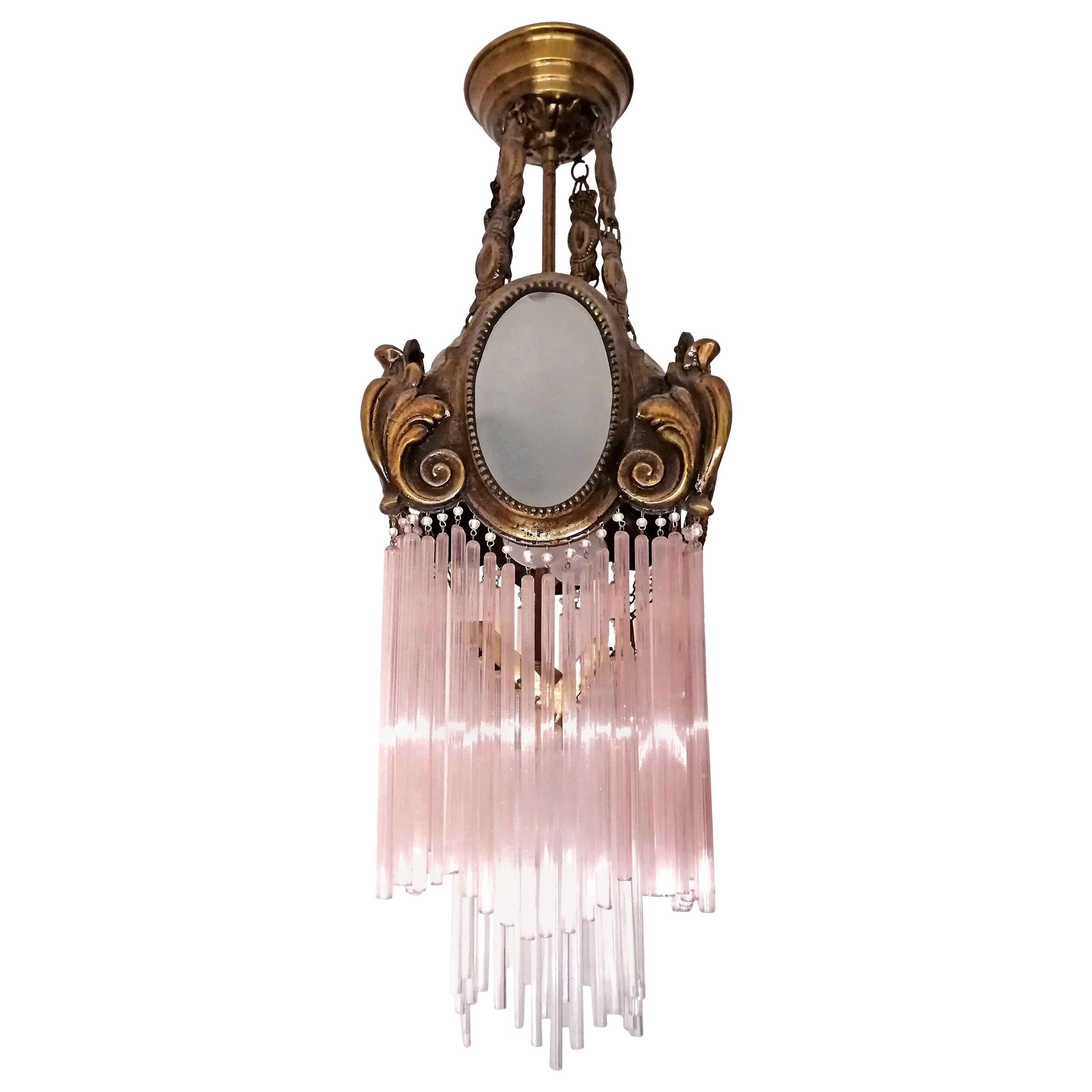 French Art Nouveau Art Deco Gilt Bronze Pink Glass Fringe Chandelier or Lantern
