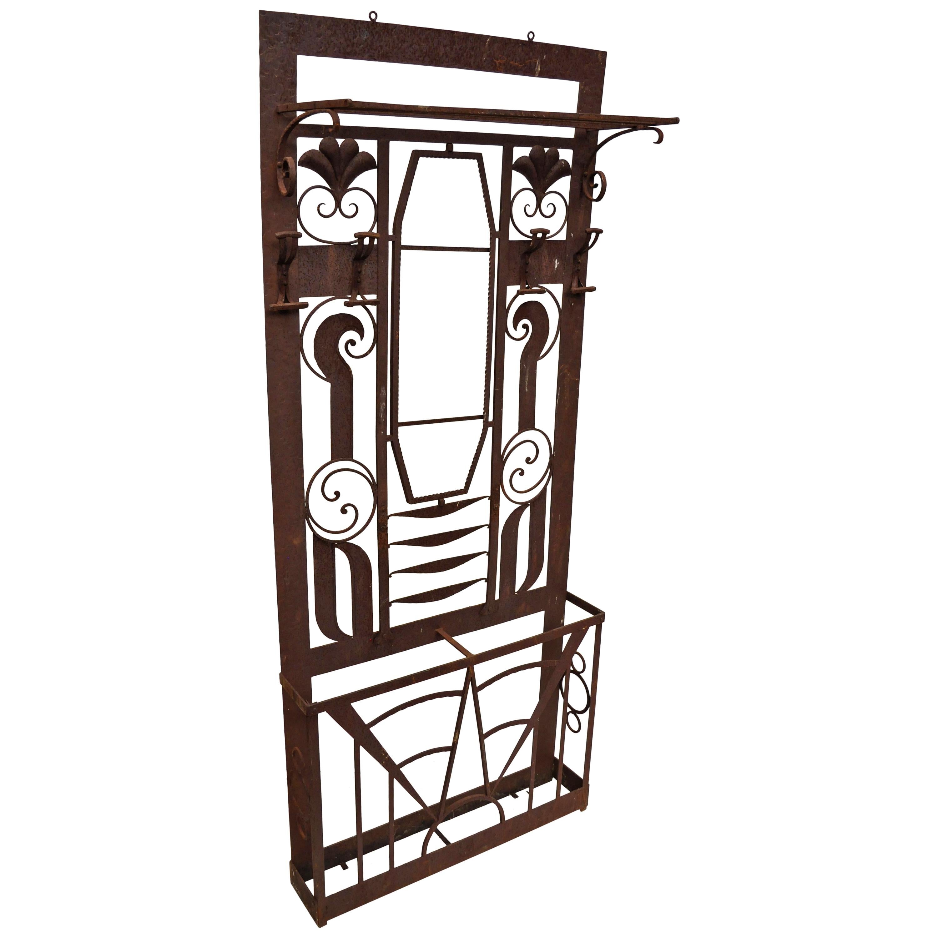 French Art Nouveau Art Deco Iron Hall Coat Tree Mirror Stand Edgar Brandt Style
