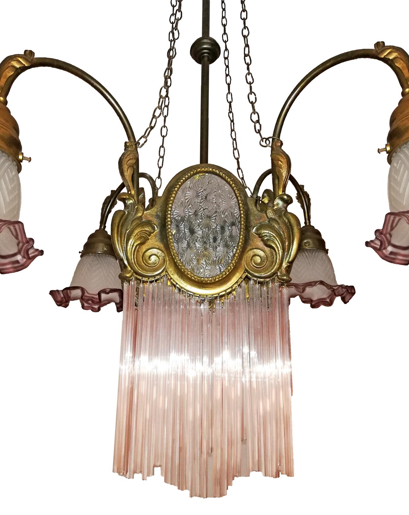 Frosted French Art Nouveau & Art Deco Pink Glass Straws Fringe Bronze & Brass Chandelier