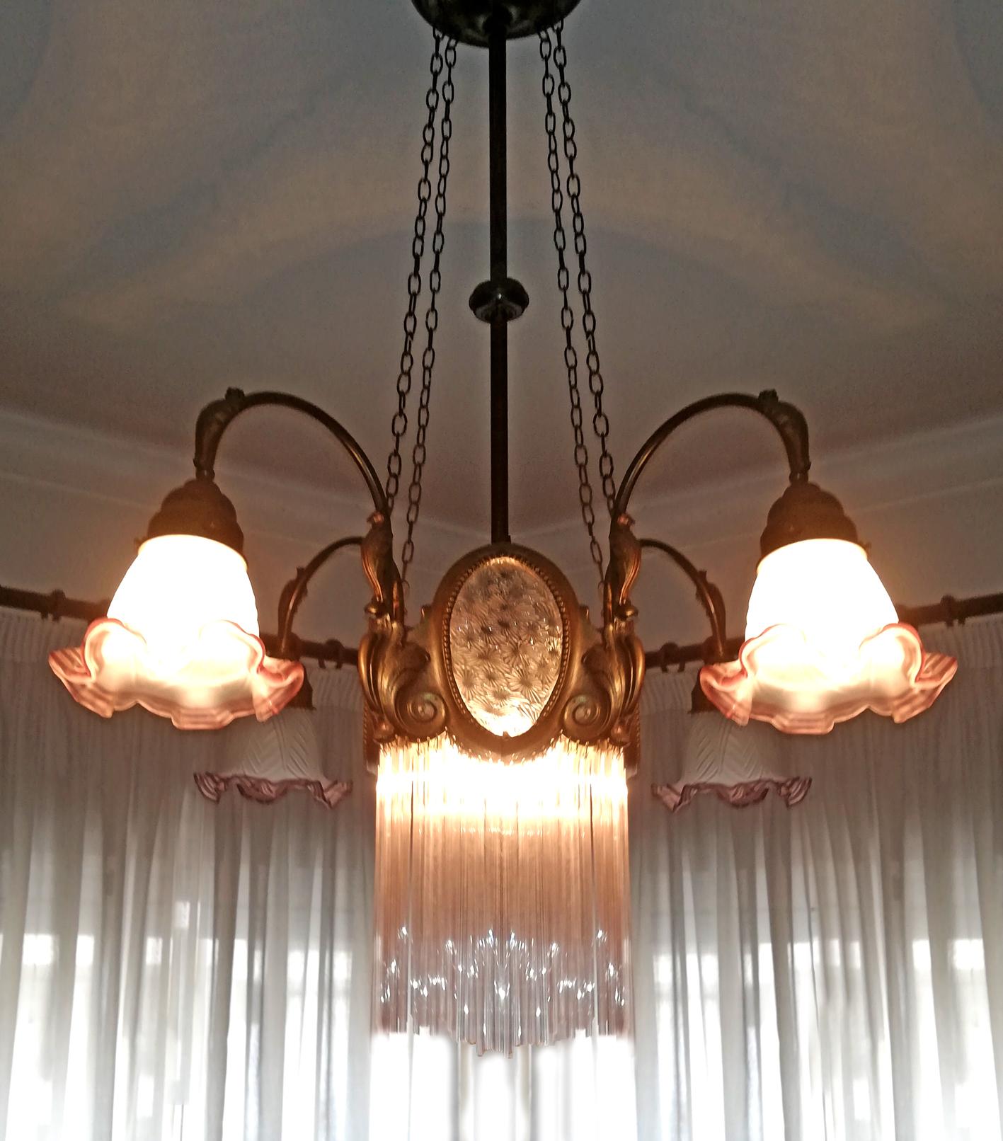 French Art Nouveau & Art Deco Pink Glass Straws Fringe Bronze & Brass Chandelier In Excellent Condition In Coimbra, PT