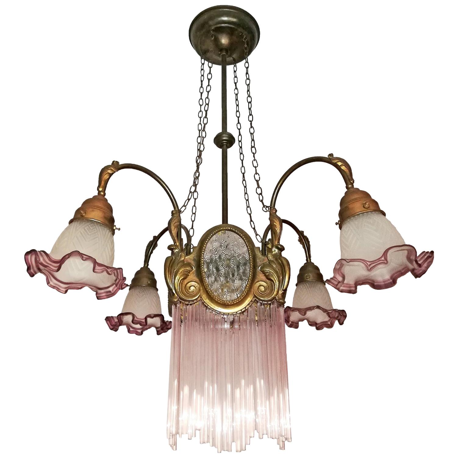 French Art Nouveau & Art Deco Pink Glass Straws Fringe Bronze & Brass Chandelier
