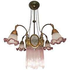 Antique French Art Nouveau & Art Deco Pink Glass Straws Fringe Bronze & Brass Chandelier