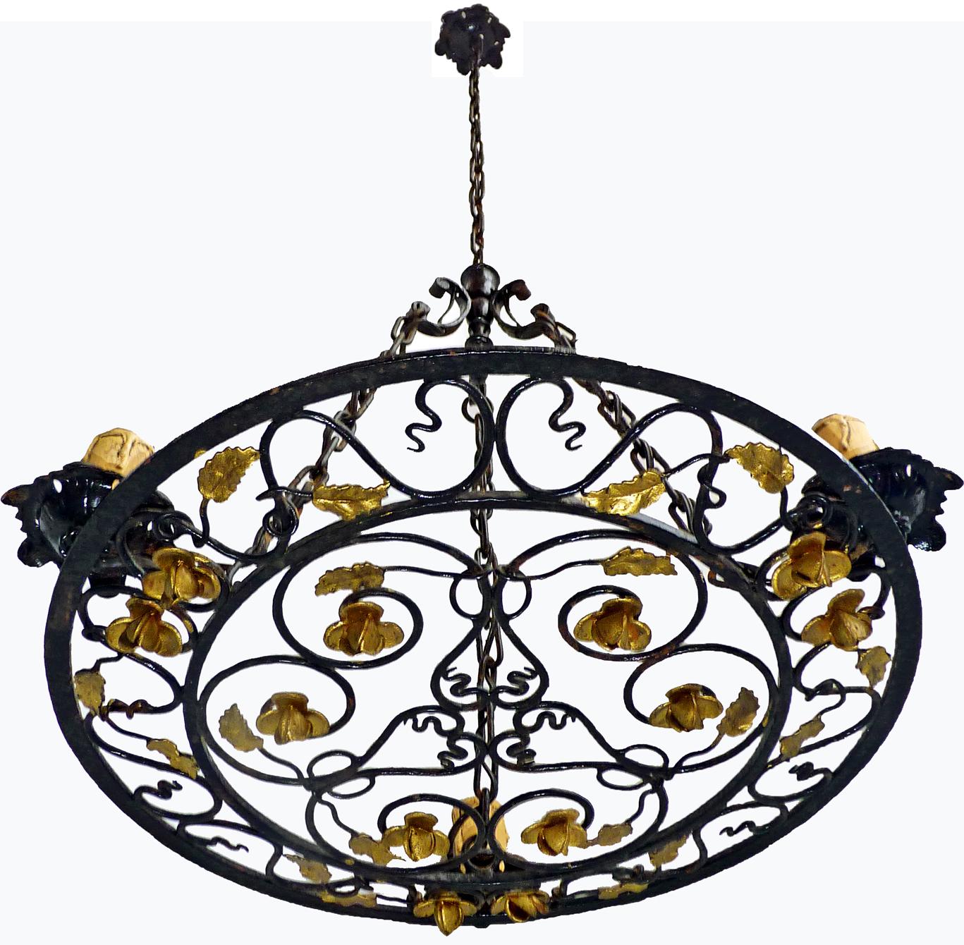Beautiful original French, 1950 Art Nouveau. Art Deco chandelier or pendant. The hand forged wrought iron frame features intricately hand forged flowers and leaf accents.

Measures:
Width 20.4 in / 52 cm
Height 37.5 in / 95 cm (55 cm + 40 cm)
Weight