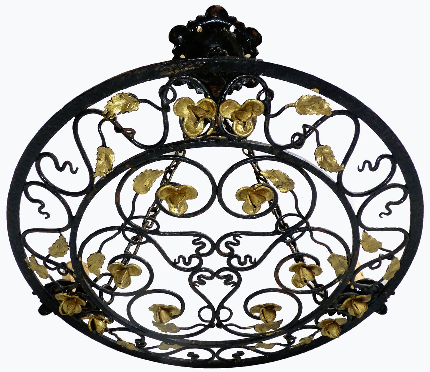 Country French Art Nouveau, Art Deco Round Gilt Hand Forged Scrolled Iron Chandelier