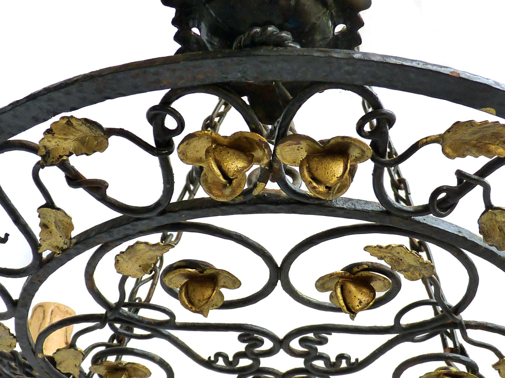 20th Century French Art Nouveau, Art Deco Round Gilt Hand Forged Scrolled Iron Chandelier