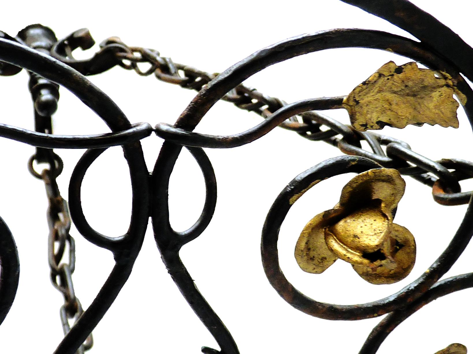 Wrought Iron French Art Nouveau, Art Deco Round Gilt Hand Forged Scrolled Iron Chandelier