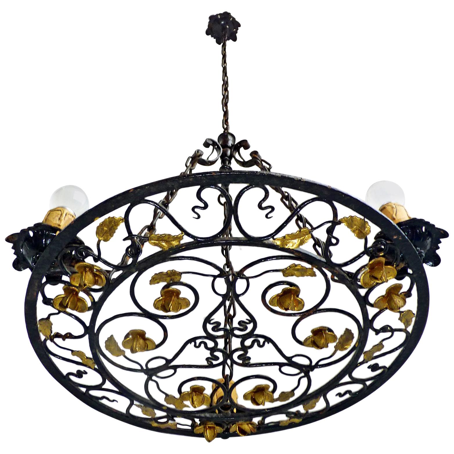 French Art Nouveau, Art Deco Round Gilt Hand Forged Scrolled Iron Chandelier 1