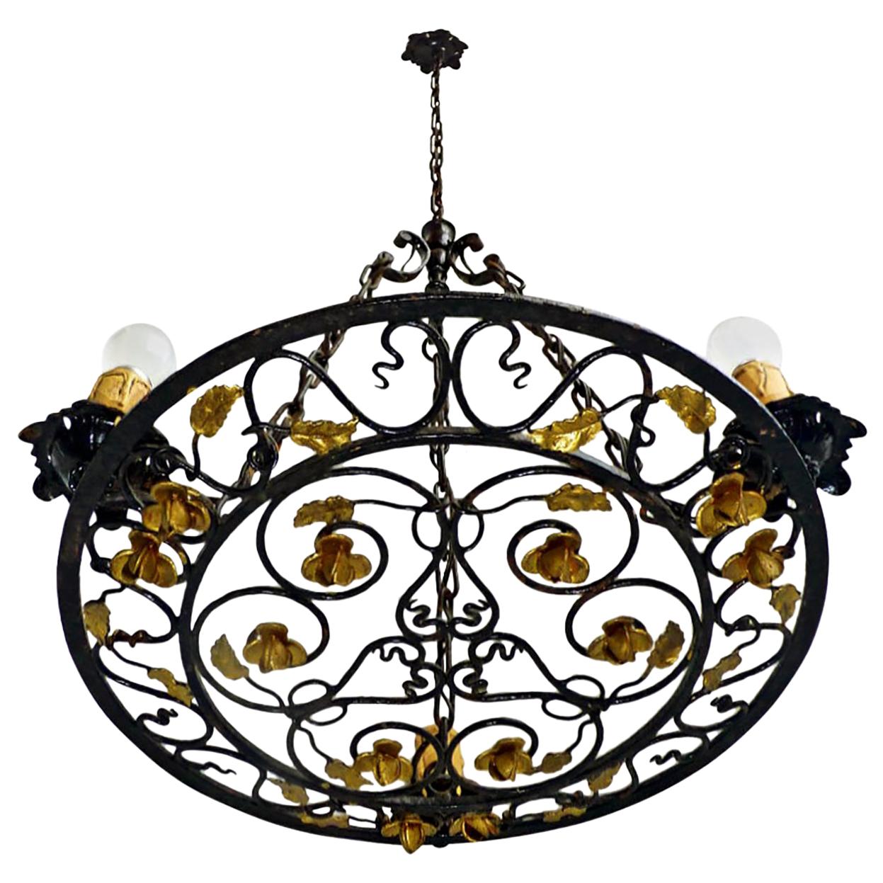 French Art Nouveau, Art Deco Round Gilt Hand Forged Scrolled Iron Chandelier