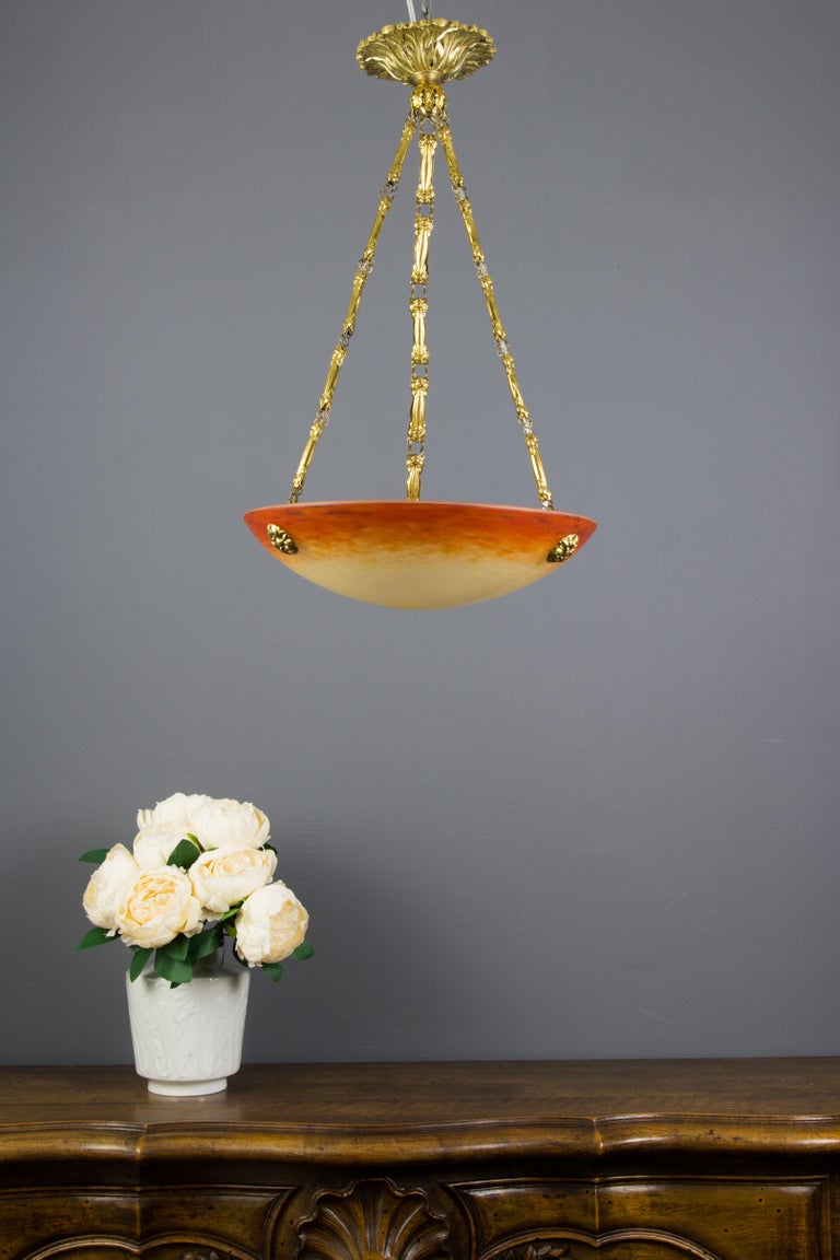 Art Nouveau Pate de Verre Glass Bowl Chandelier by Charles Schneider