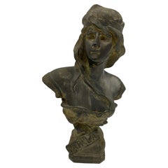 French Art Nouveau Atala Bronze Bust w/ Pewter Finished