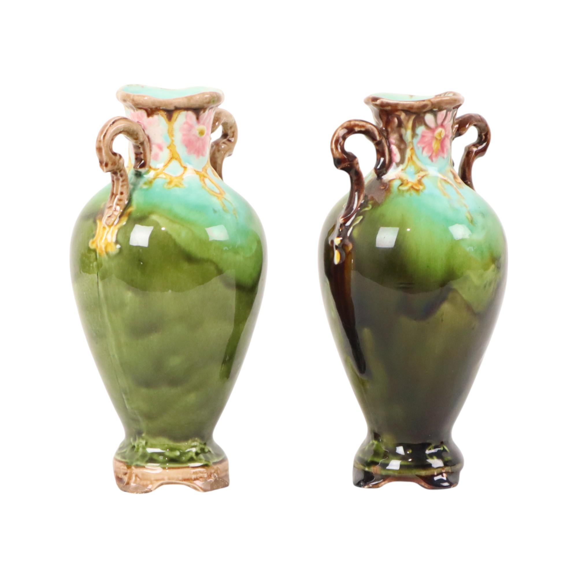 Glazed French Art Nouveau Barbotine Majolica Vases Antique Earthenware 19cm For Sale