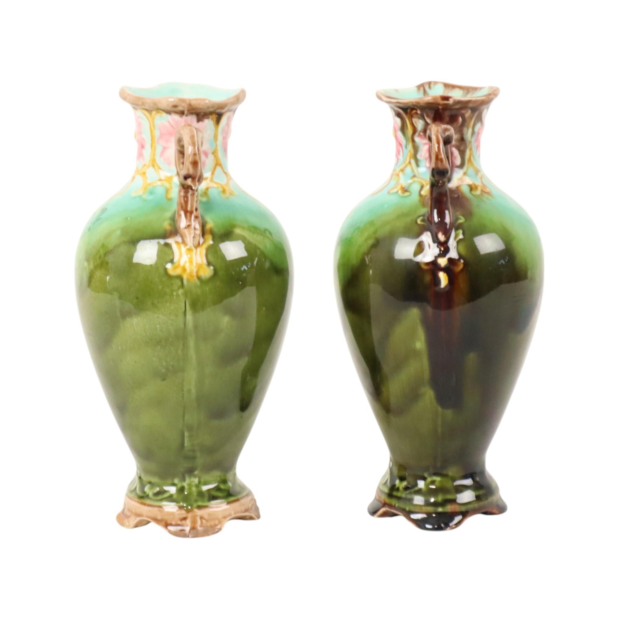 French Art Nouveau Barbotine Majolica Vases Antique Earthenware 19cm In Good Condition For Sale In Poperinge, BE