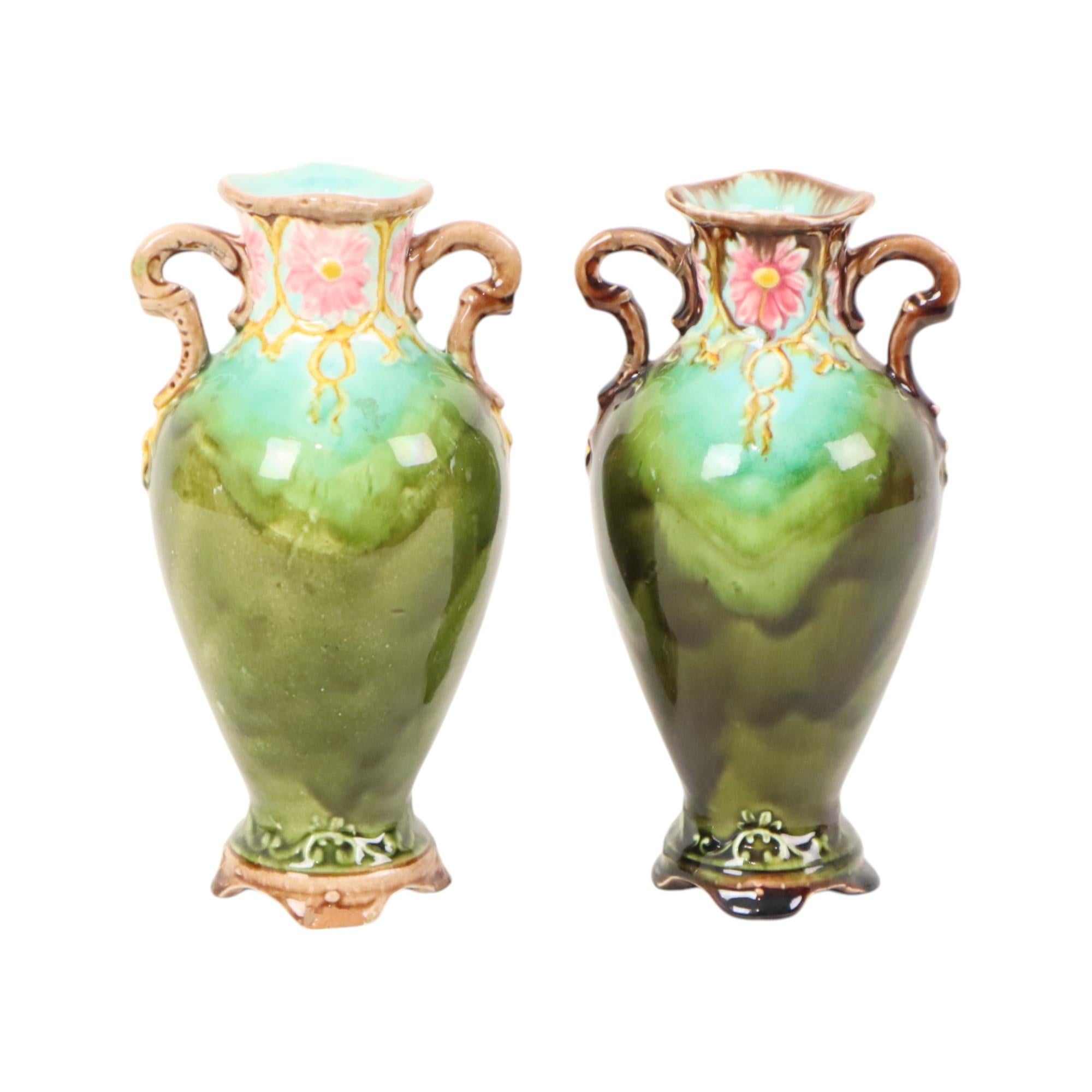 20th Century French Art Nouveau Barbotine Majolica Vases Antique Earthenware 19cm For Sale