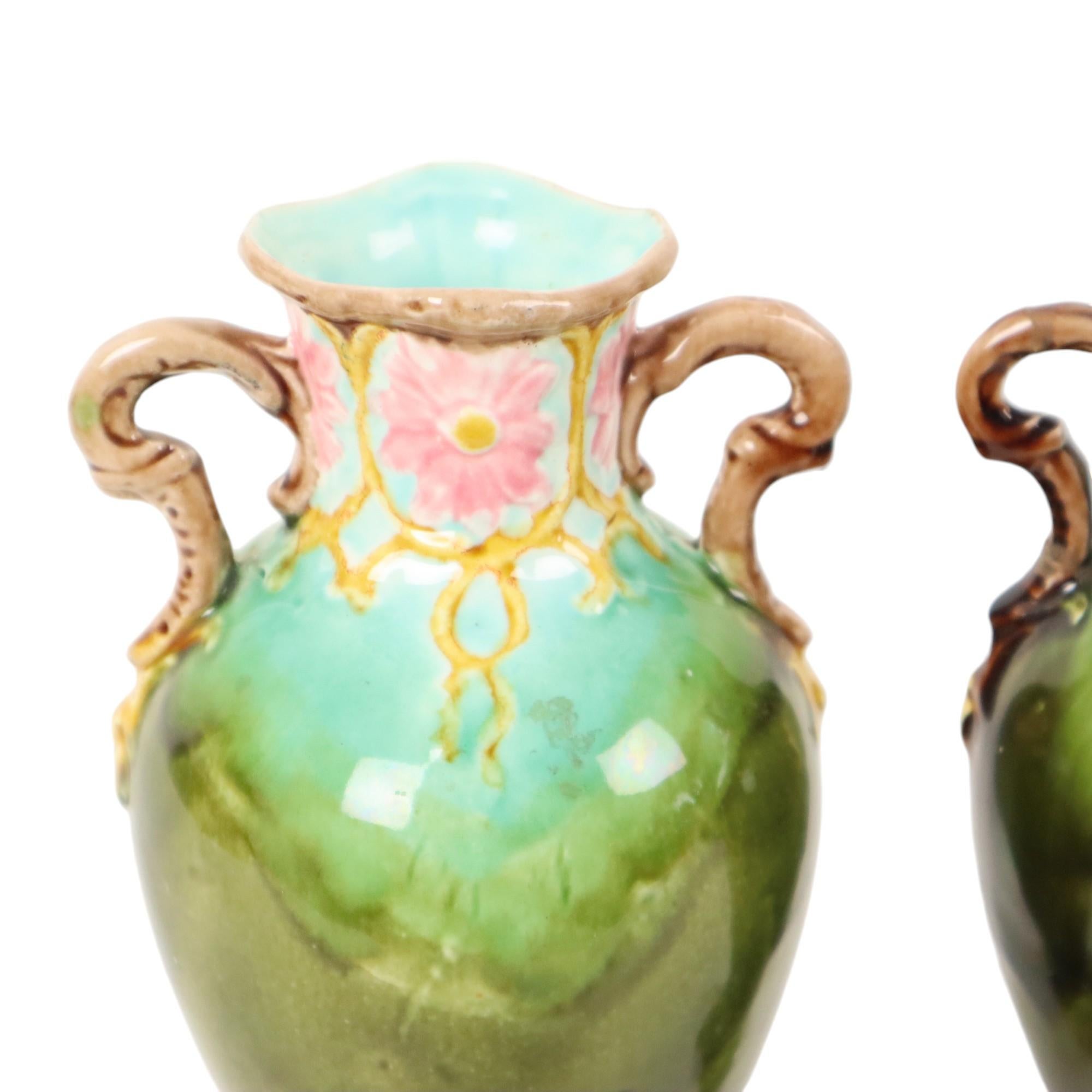 French Art Nouveau Barbotine Majolica Vases Antique Earthenware 19cm For Sale 1
