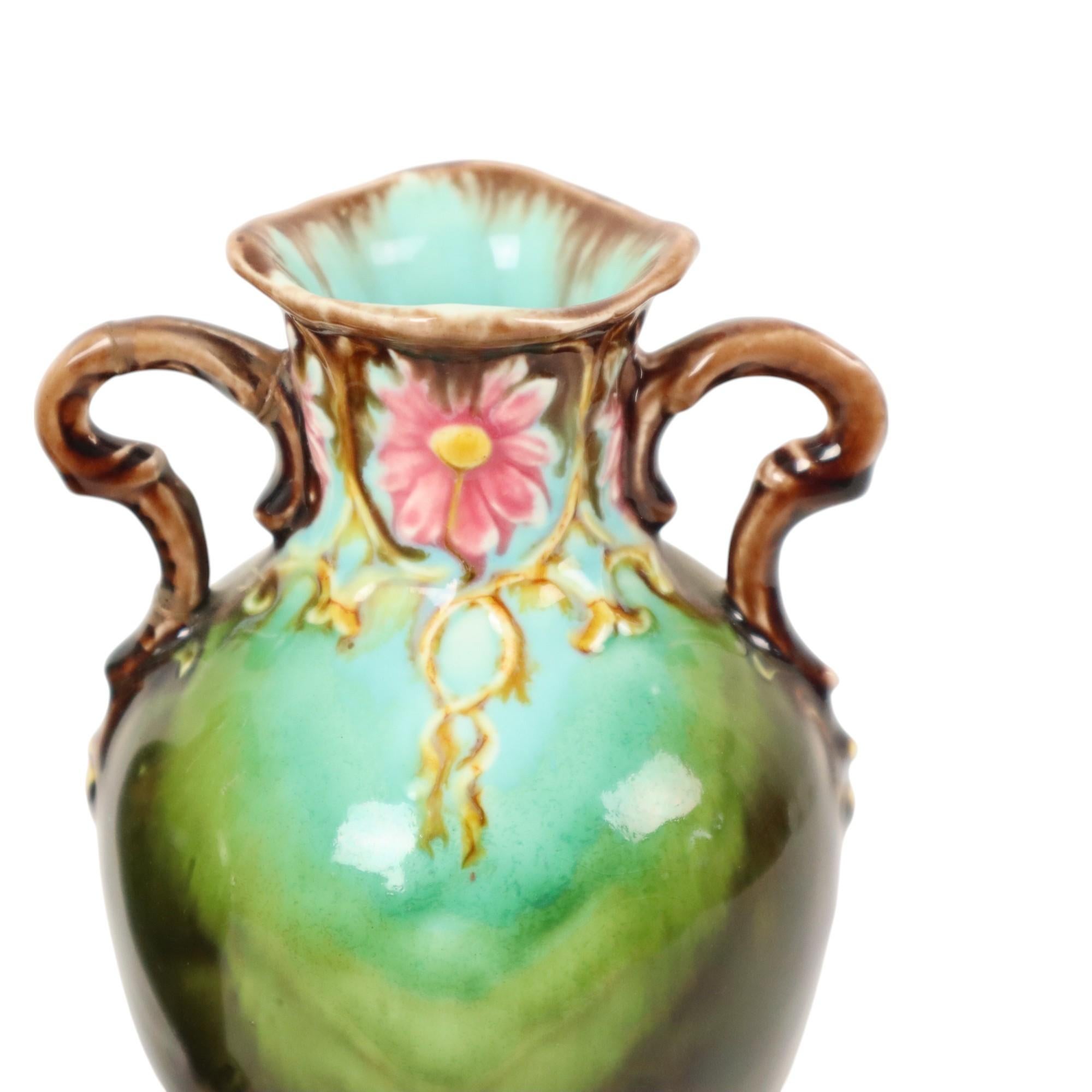 French Art Nouveau Barbotine Majolica Vases Antique Earthenware 19cm For Sale 3