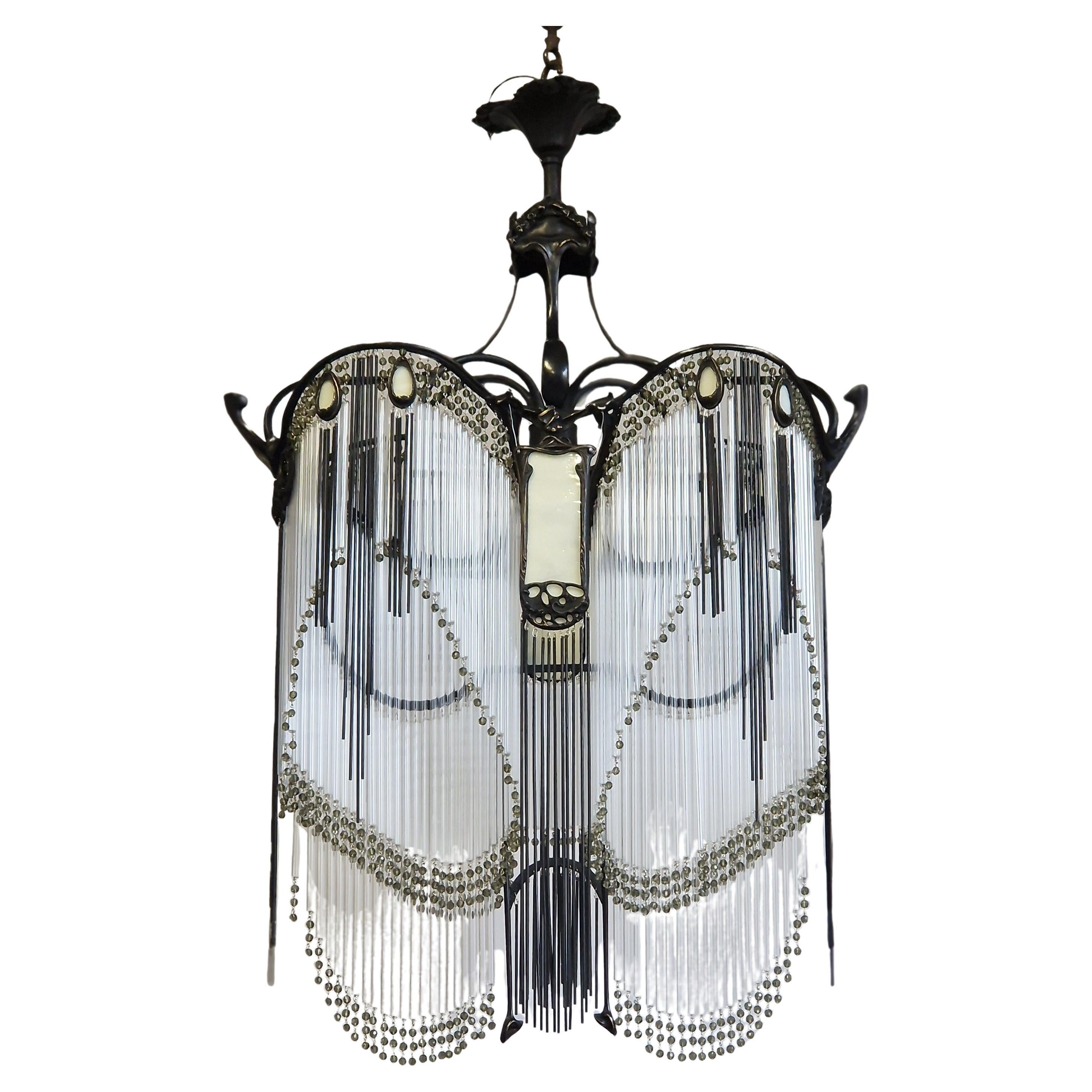 Lampadario francese Art Nouveau in bronzo ossidato nero Guimard