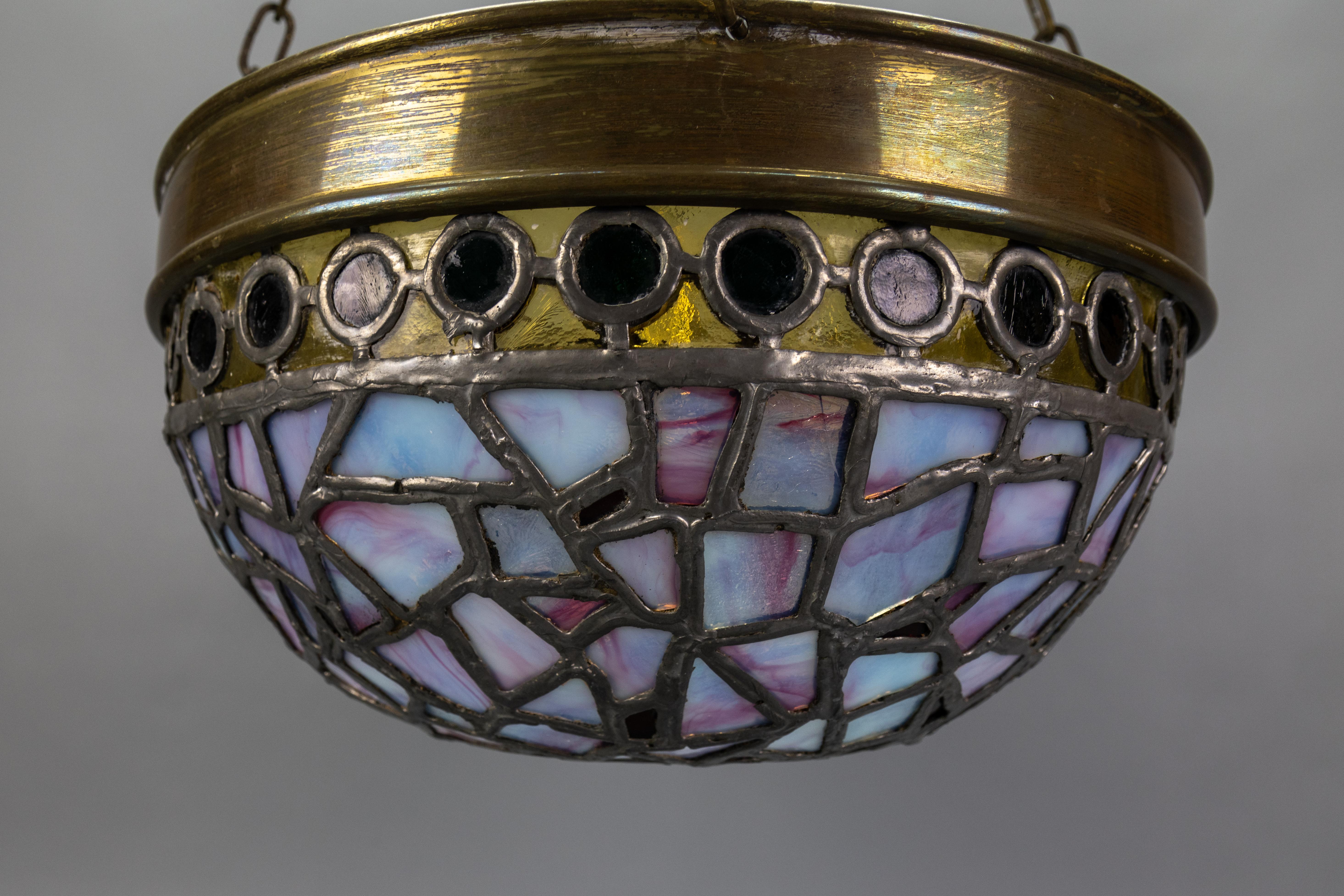 French Art Nouveau Blue and Violet Stained Glass and Brass Pendant Light, 1920s For Sale 7