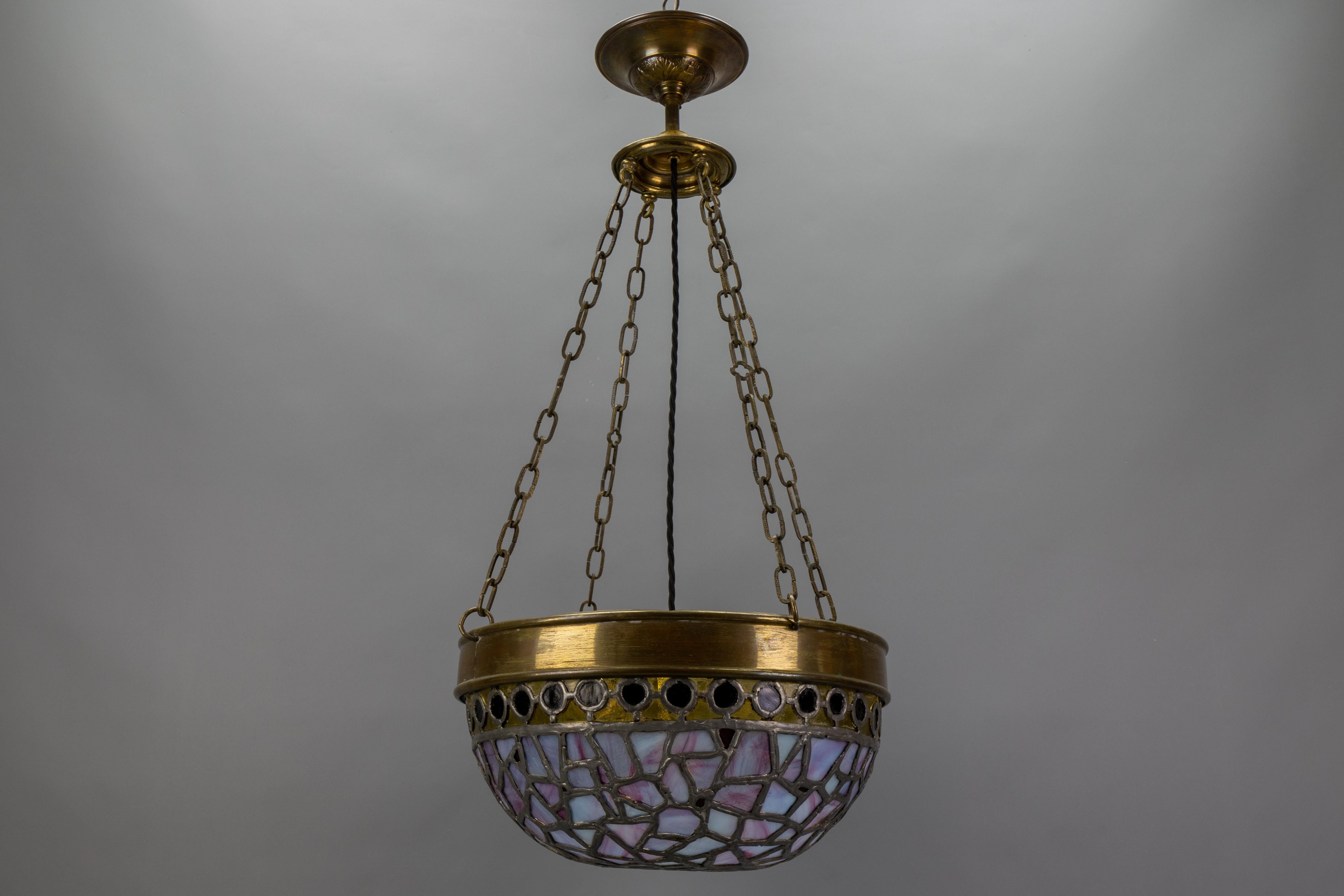 French Art Nouveau Blue and Violet Stained Glass and Brass Pendant Light, 1920s For Sale 8