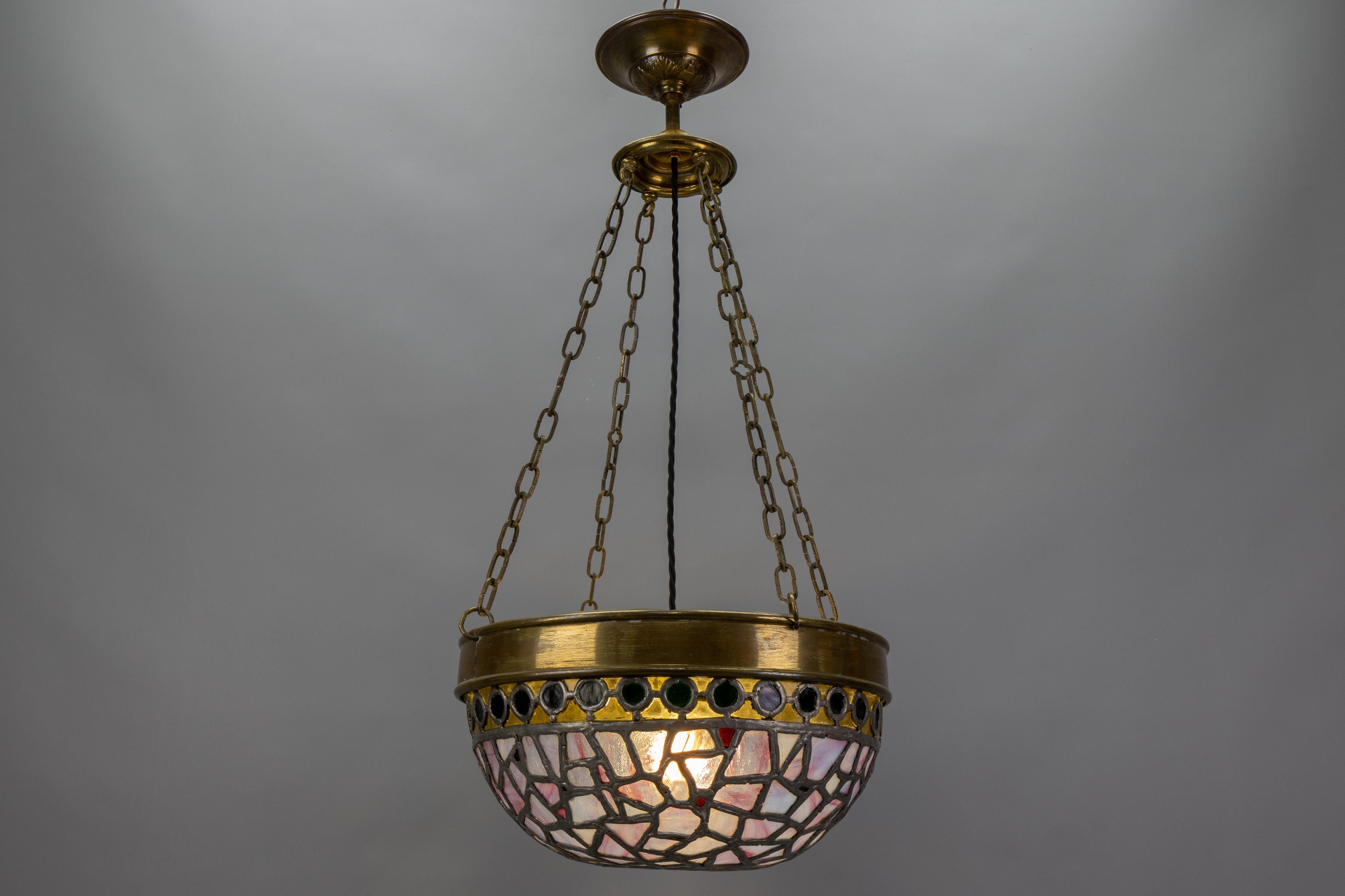French Art Nouveau Blue and Violet Stained Glass and Brass Pendant Light, 1920s For Sale 9