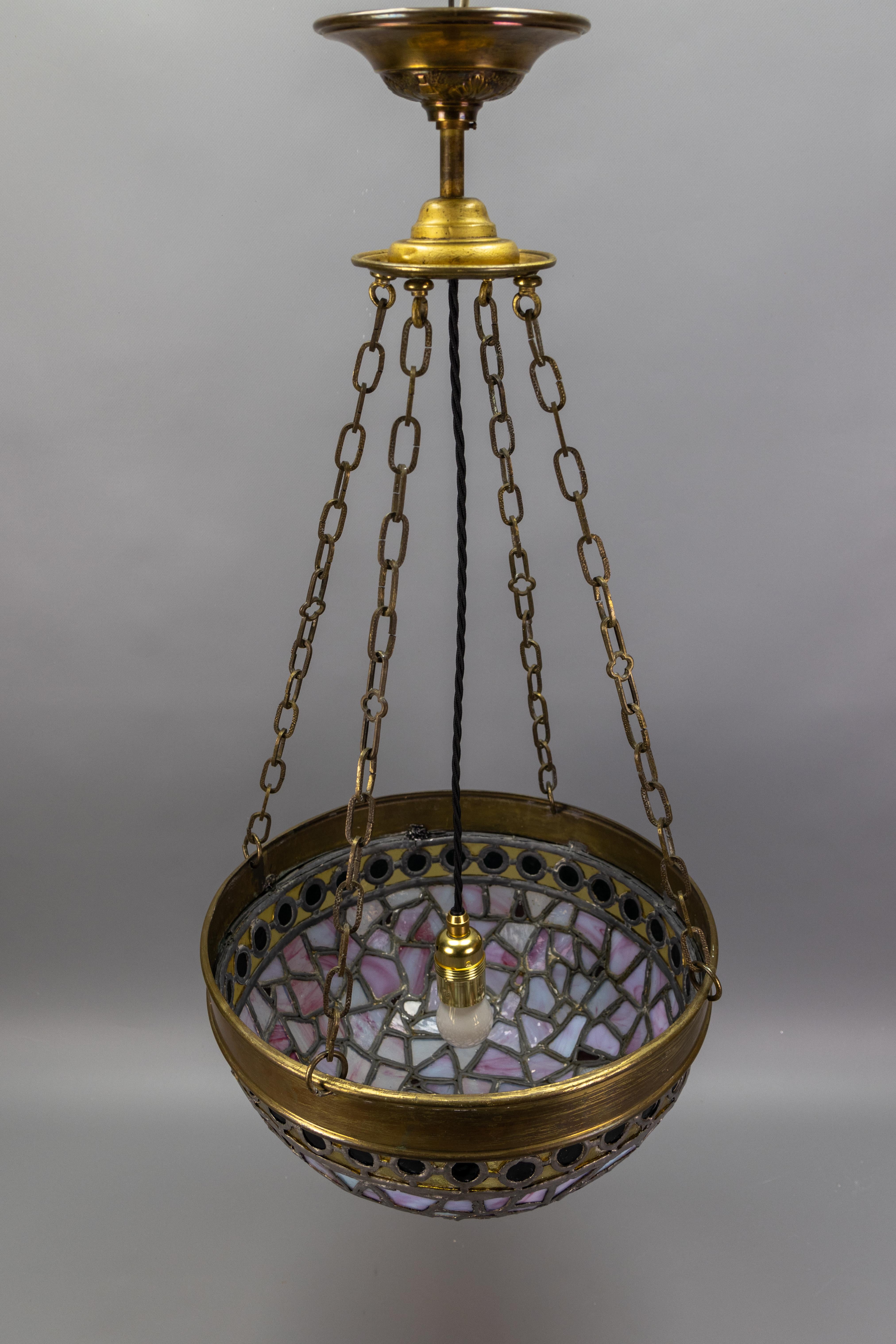 French Art Nouveau Blue and Violet Stained Glass and Brass Pendant Light, 1920s For Sale 10
