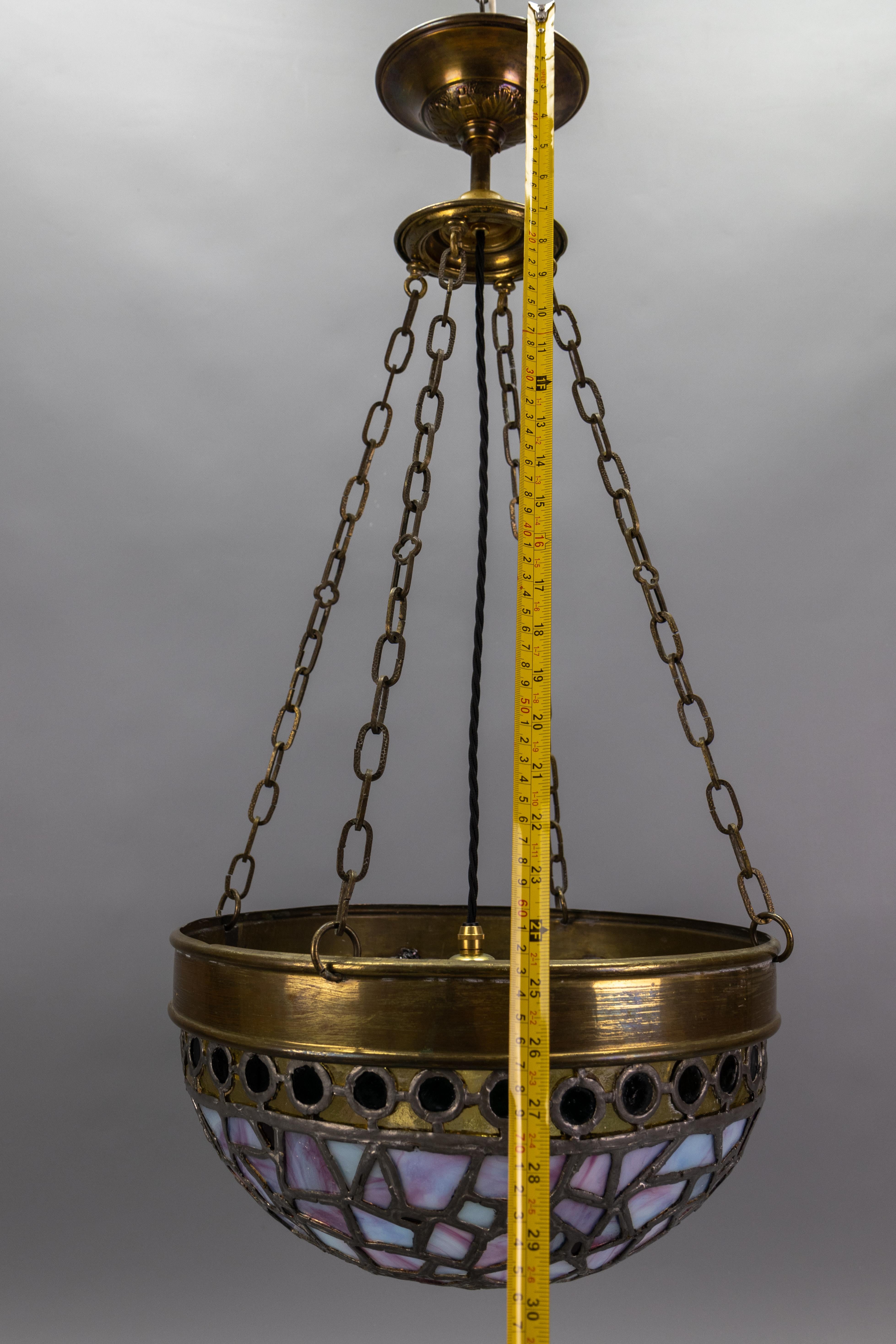 French Art Nouveau Blue and Violet Stained Glass and Brass Pendant Light, 1920s For Sale 11