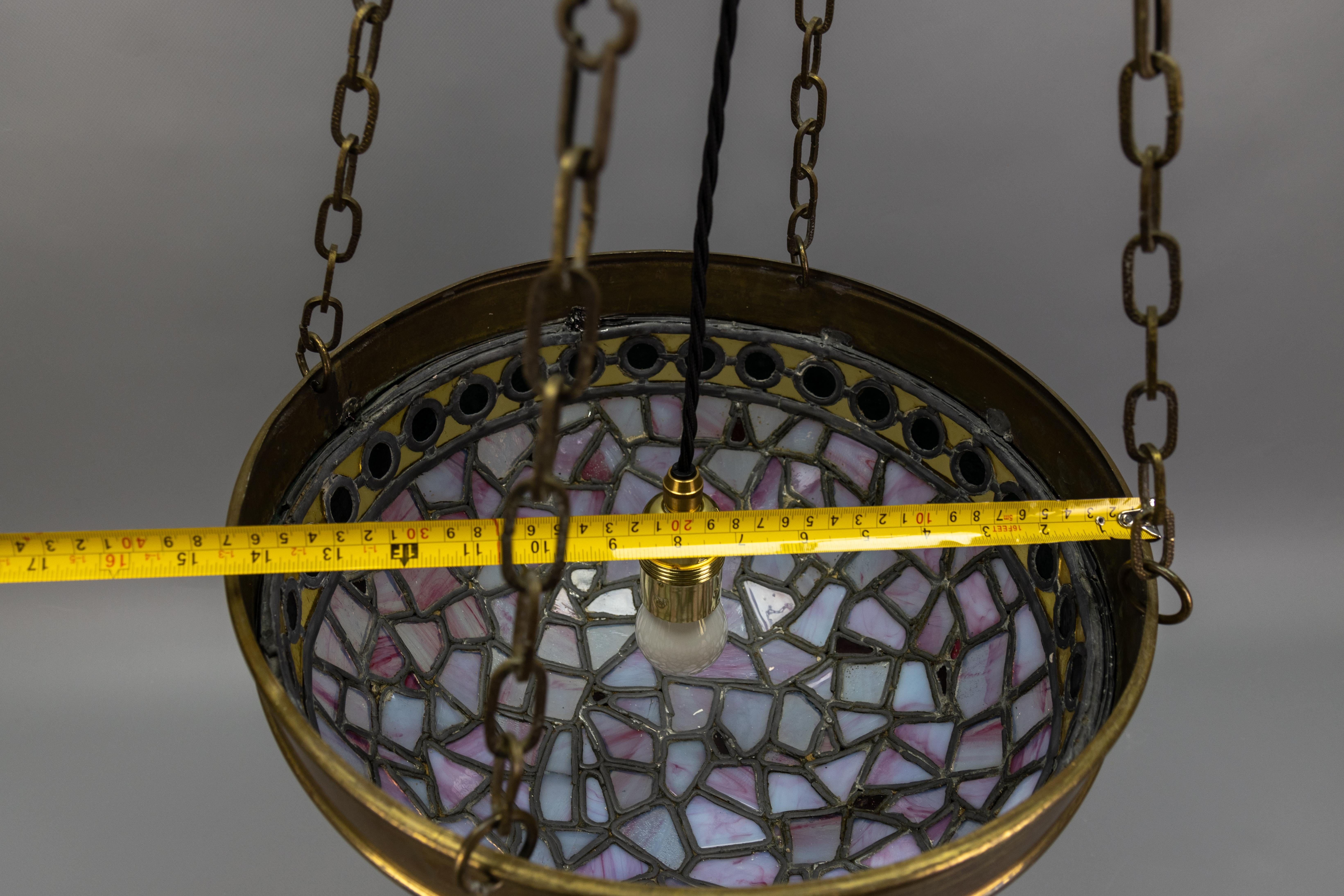 French Art Nouveau Blue and Violet Stained Glass and Brass Pendant Light, 1920s For Sale 12