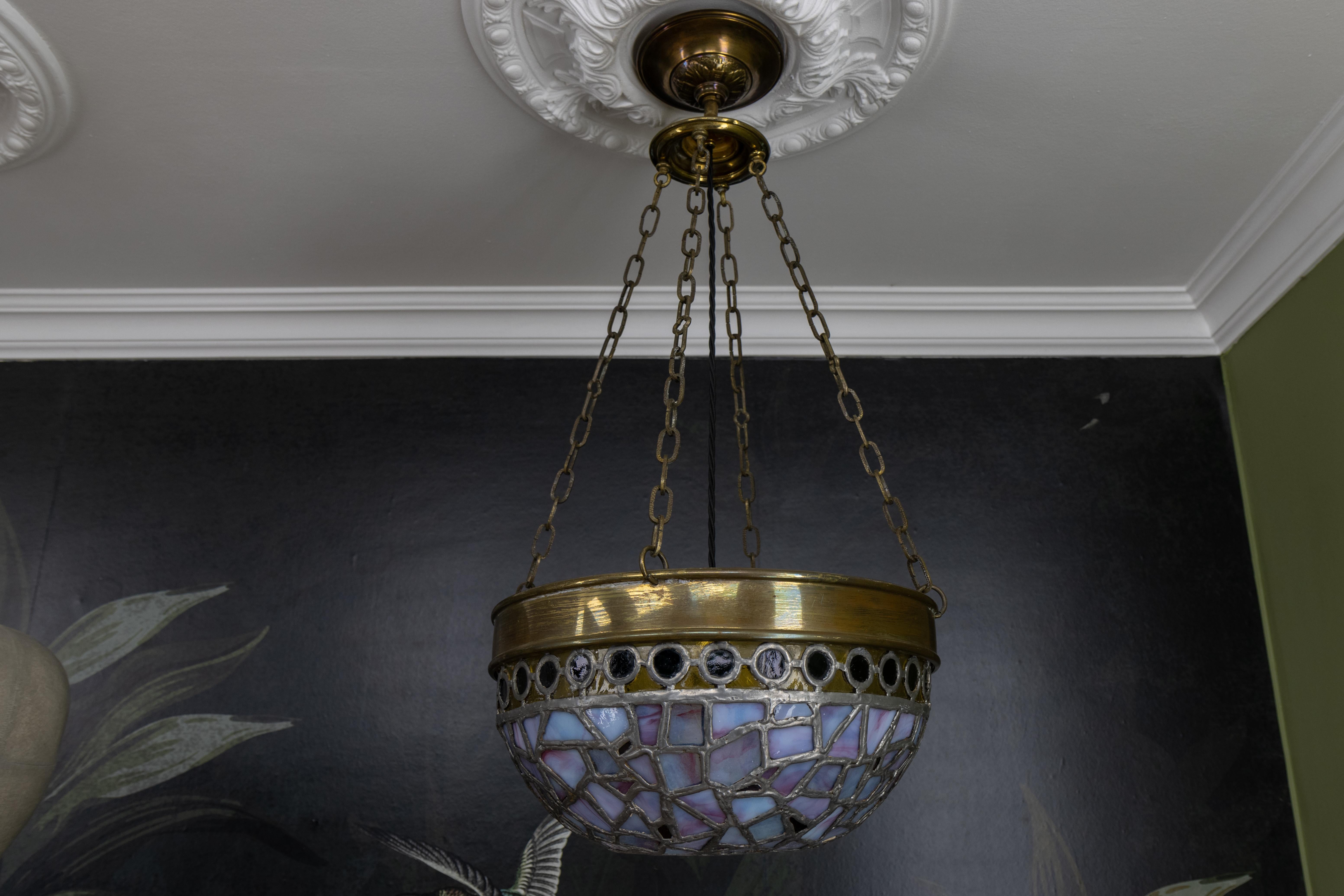 Hand-Crafted French Art Nouveau Blue and Violet Stained Glass and Brass Pendant Light, 1920s For Sale