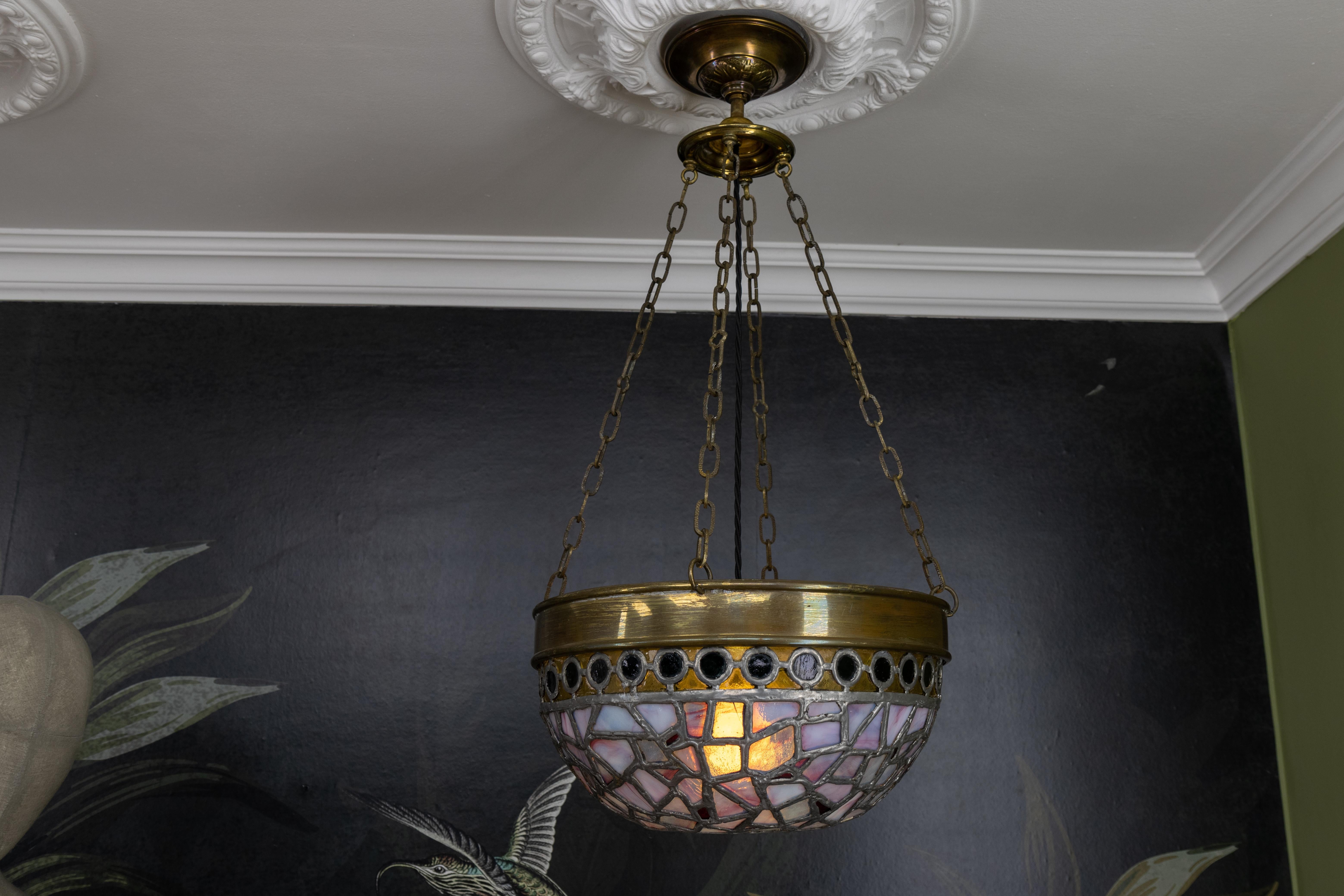 French Art Nouveau Blue and Violet Stained Glass and Brass Pendant Light, 1920s In Good Condition For Sale In Barntrup, DE