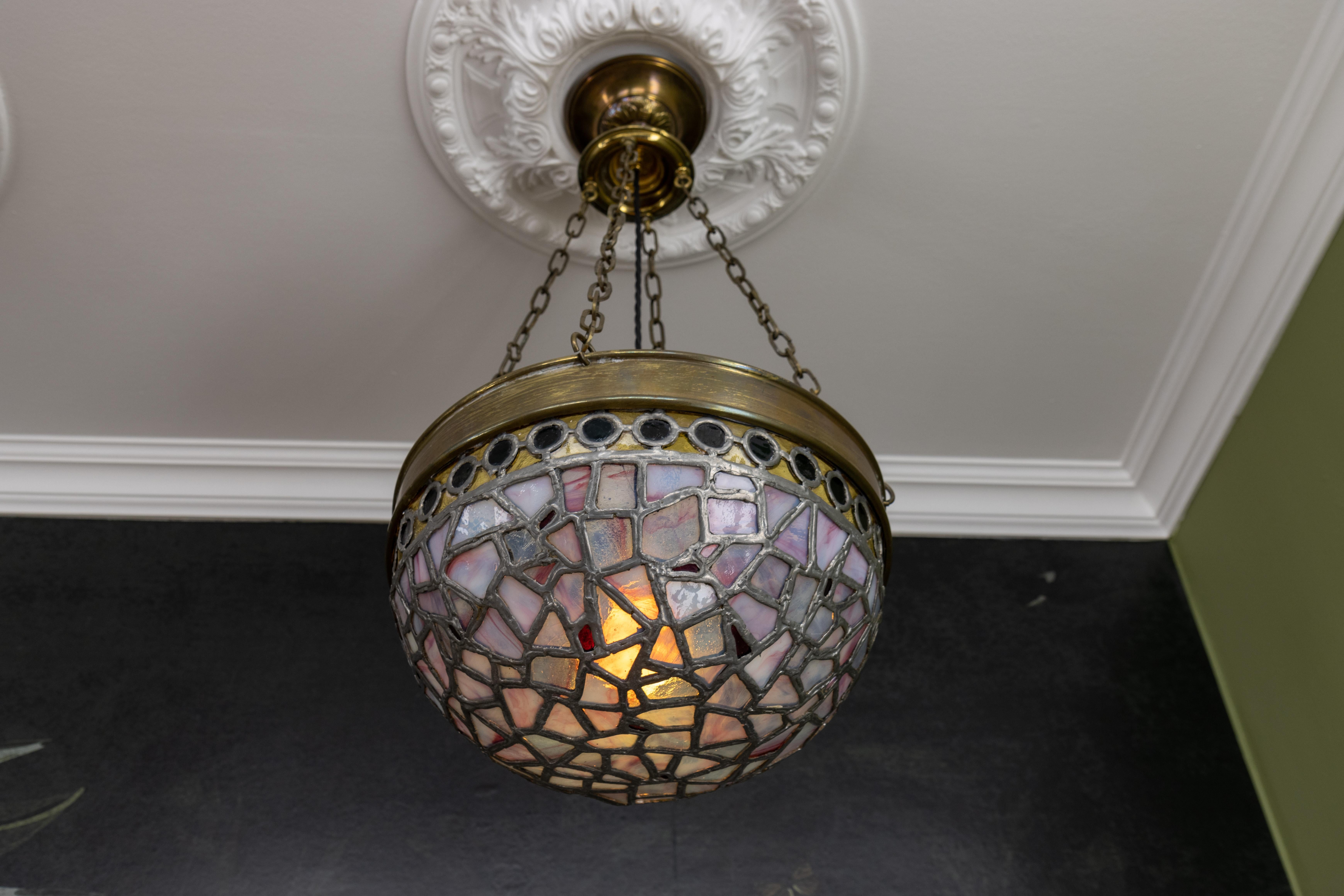 Early 20th Century French Art Nouveau Blue and Violet Stained Glass and Brass Pendant Light, 1920s For Sale