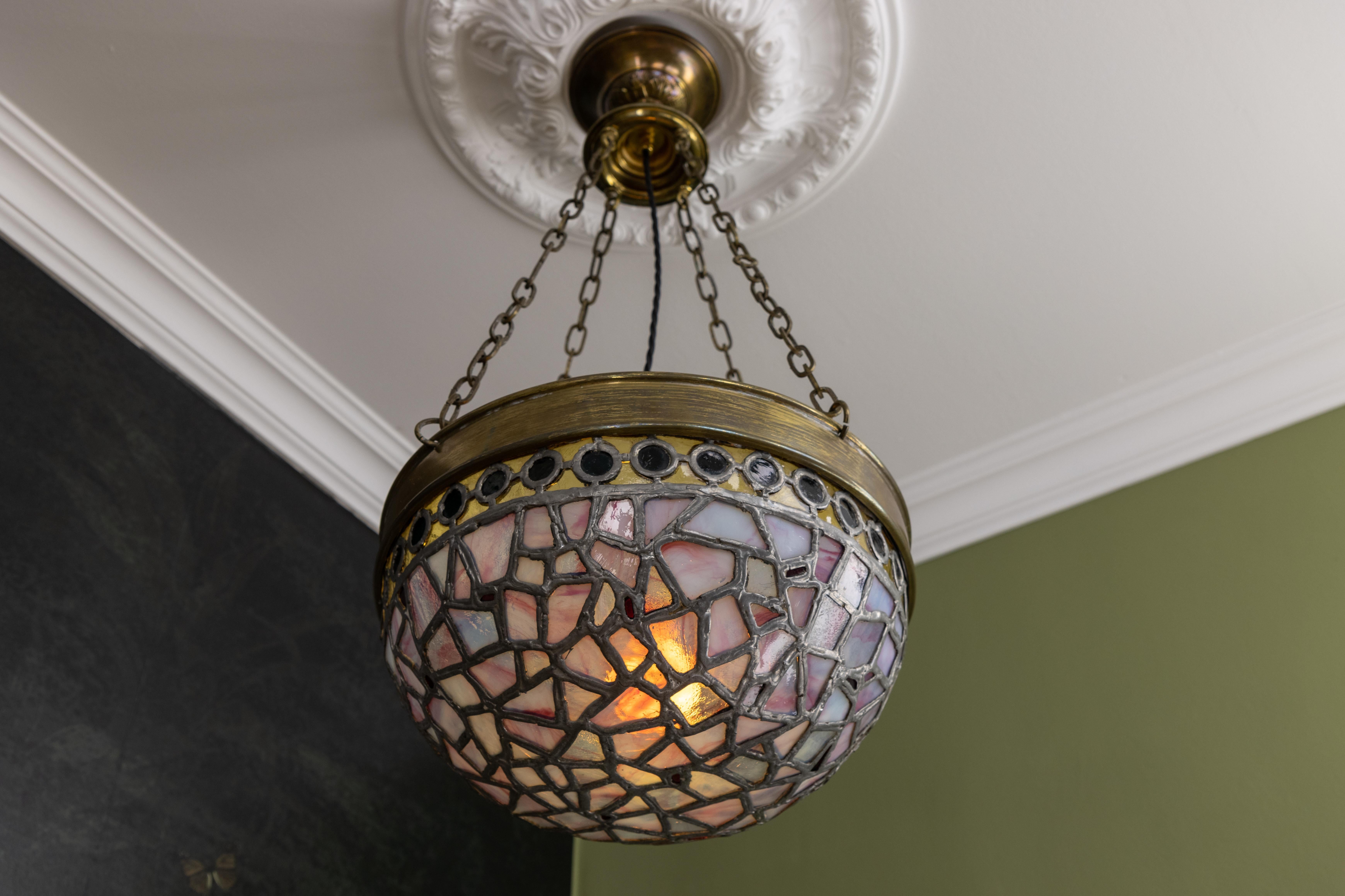 Metal French Art Nouveau Blue and Violet Stained Glass and Brass Pendant Light, 1920s For Sale