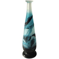 French Art Nouveau Blue & Black Emile Galle Cameo Glass Aquatic Vase, circa 1900