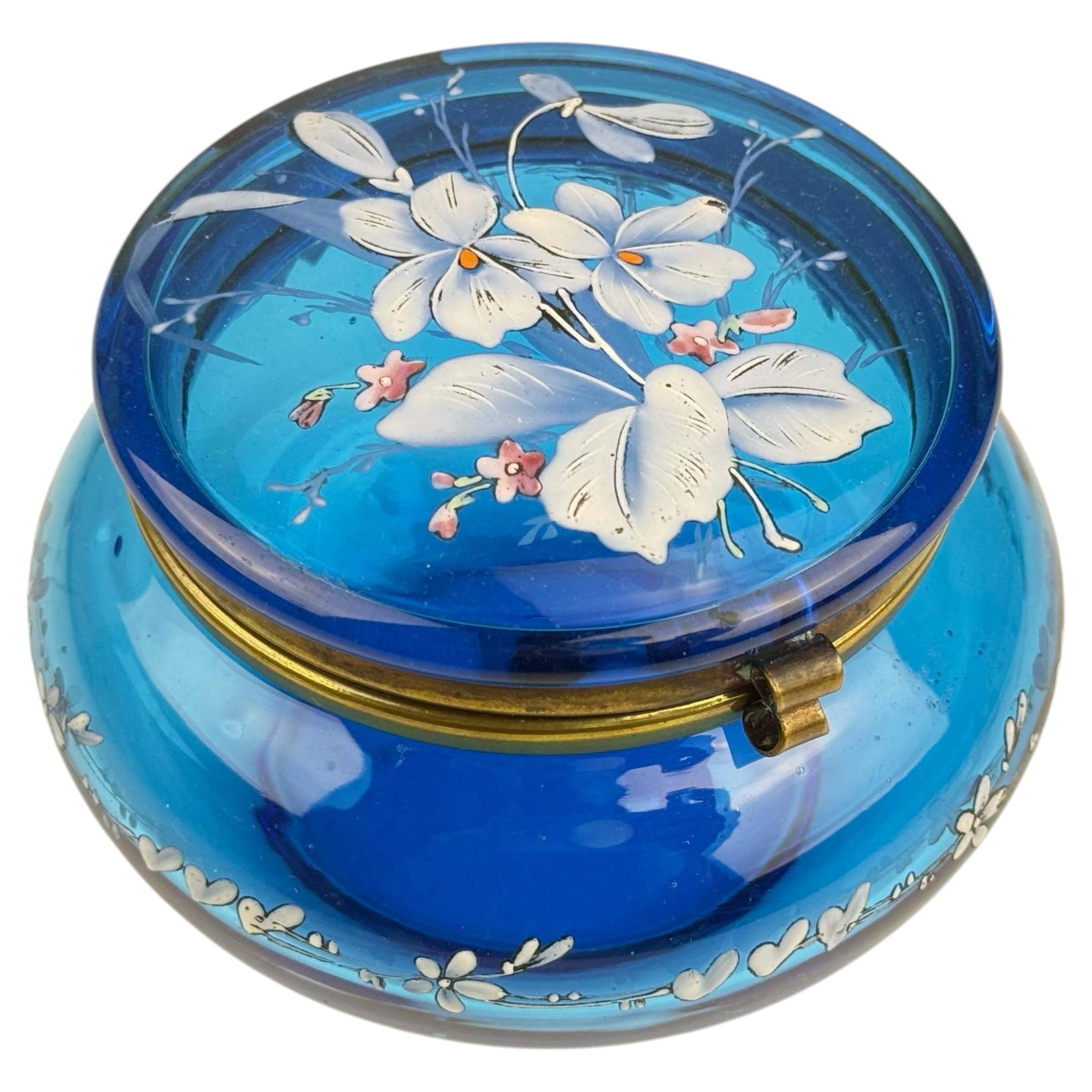 Cajita de joyas de cristal azul de estilo Art Nouveau francés, atribuida a Legras
