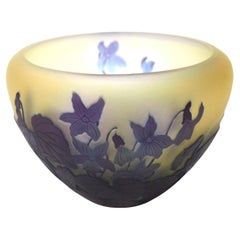 French Art Nouveau Blue On Yellow Signed Emile Gallé Floral Cameo Glass Vase