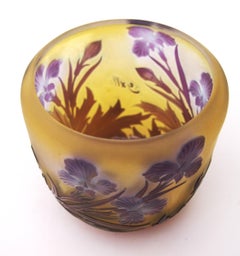 French Art Nouveau Blue On Yellow Signed Emile Gallé Iris Cameo Glass Vase c1920