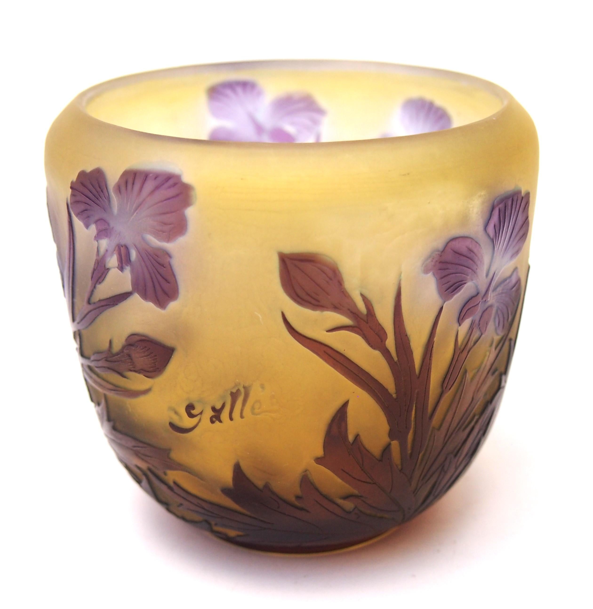 Early 20th Century French Art Nouveau Blue On Yellow Signed Emile Gallé Iris Cameo Glass Vase c1920