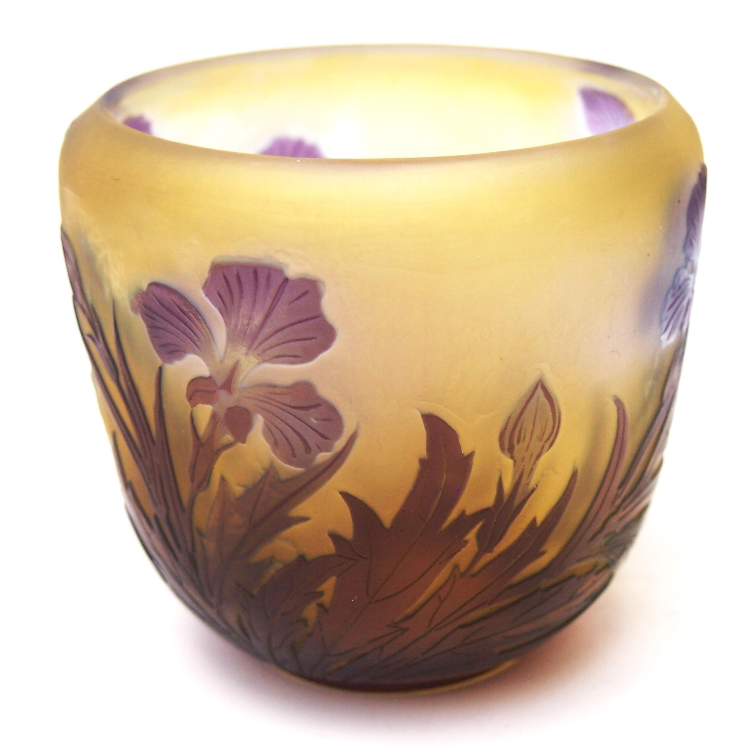 Art Glass French Art Nouveau Blue On Yellow Signed Emile Gallé Iris Cameo Glass Vase c1920