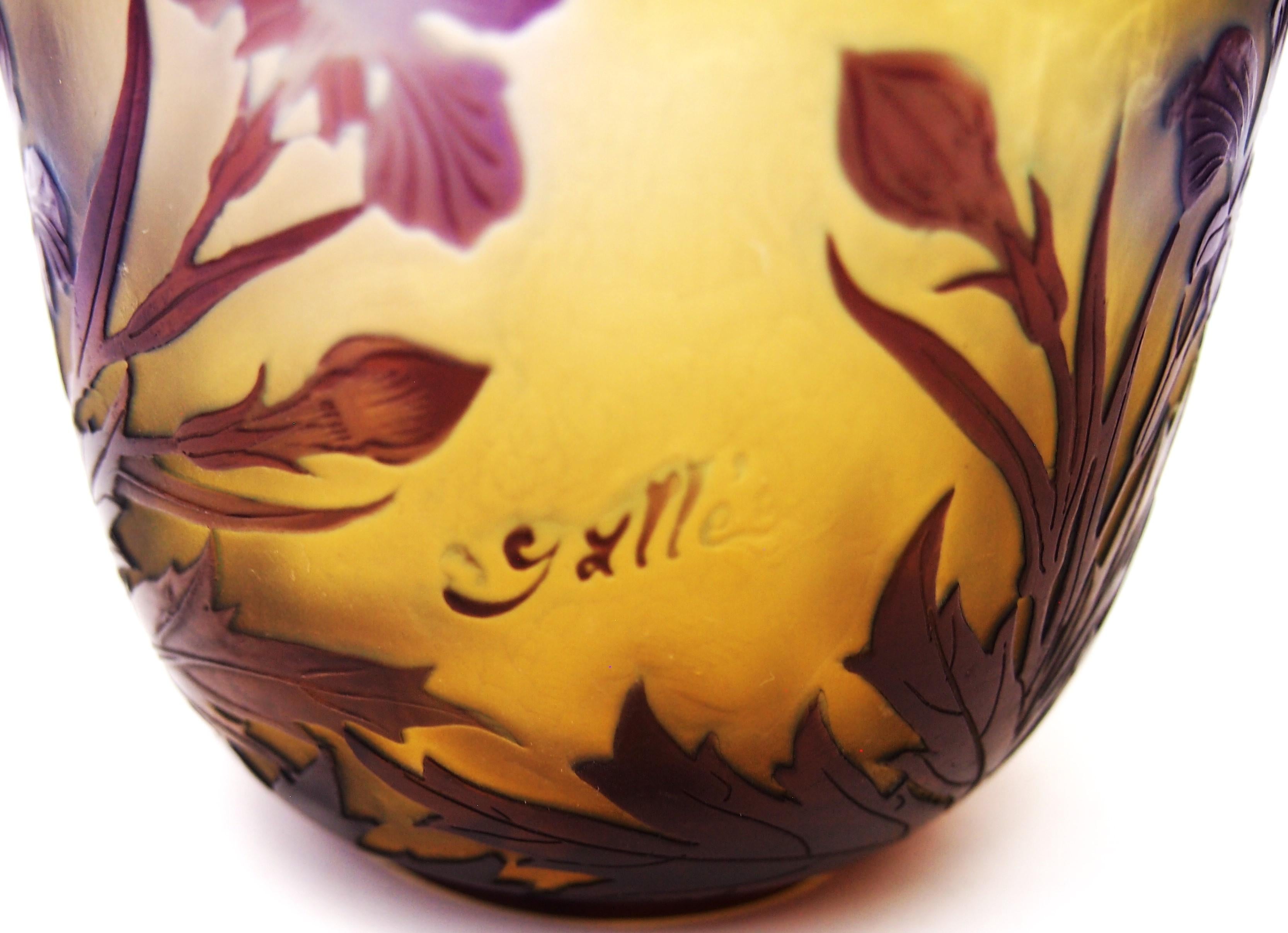 French Art Nouveau Blue On Yellow Signed Emile Gallé Iris Cameo Glass Vase c1920 1