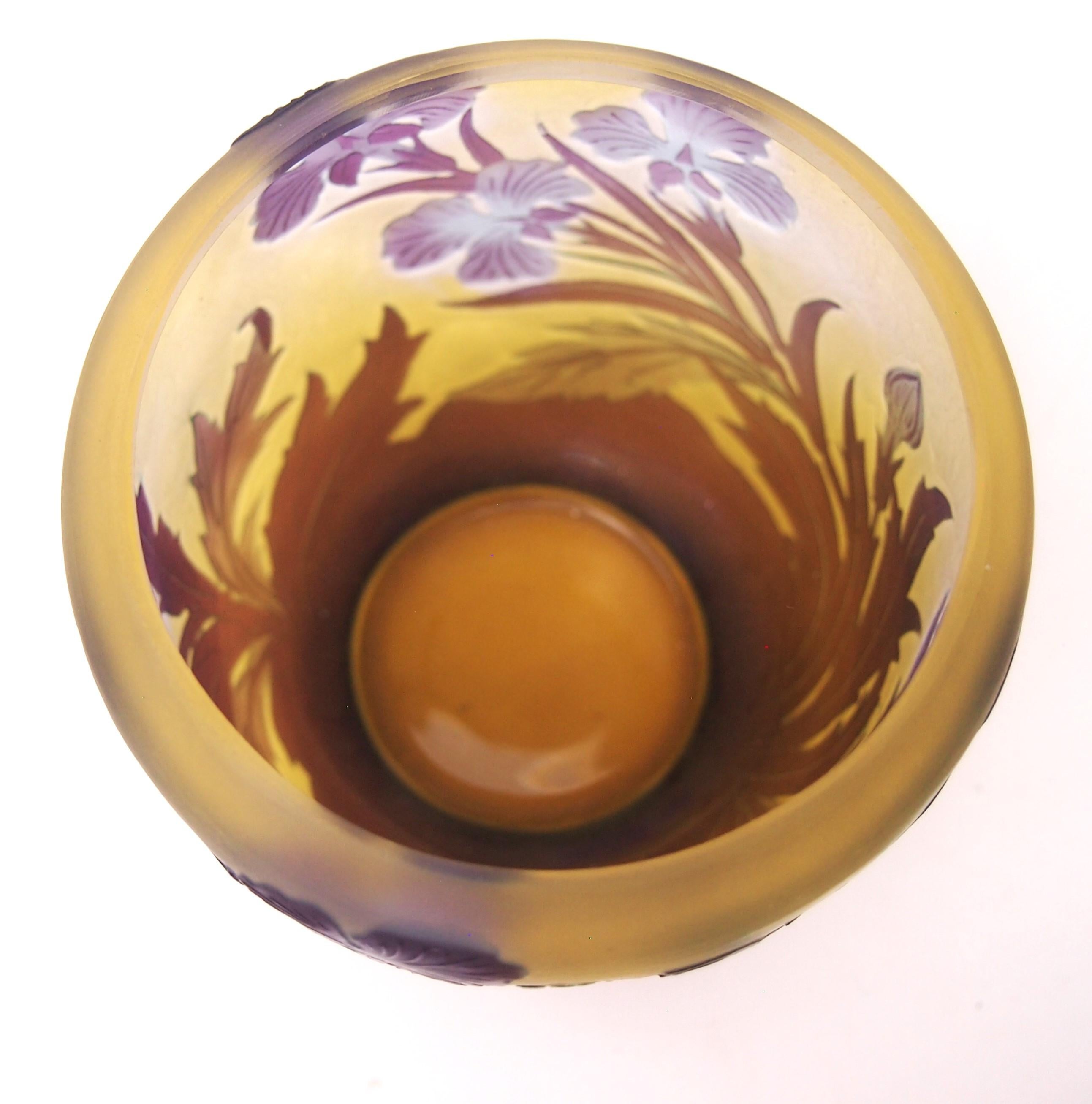 French Art Nouveau Blue On Yellow Signed Emile Gallé Iris Cameo Glass Vase c1920 2