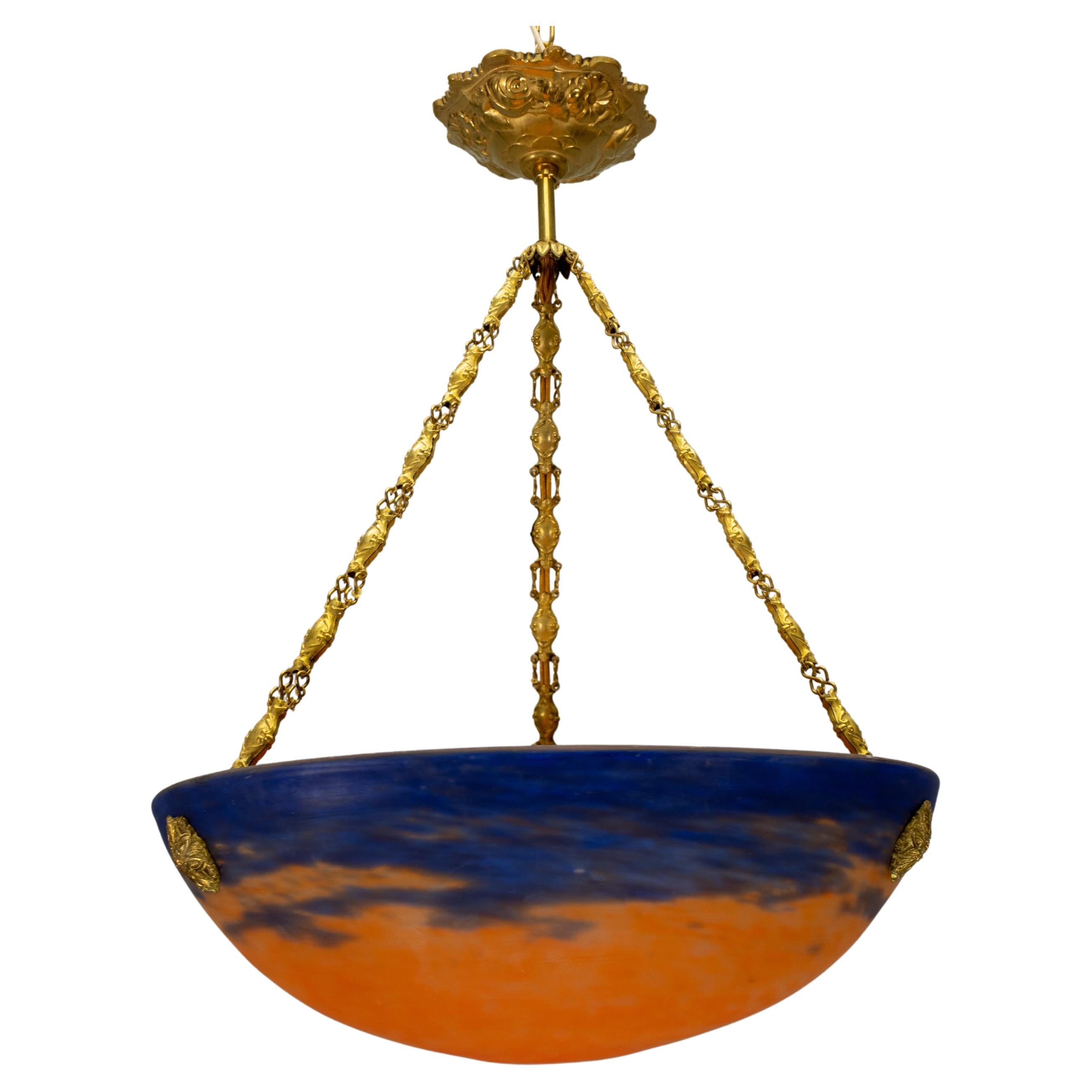 French Art Nouveau Blue 
Orange Mottled Glass Pendant Light by G.V. Croismare For Sale