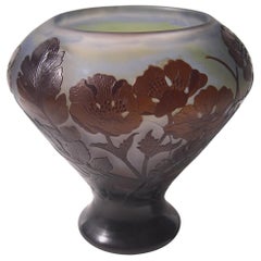French Art Nouveau Blue Yellow and Brown Emile Galle Cameo Glass Vase circa 1900