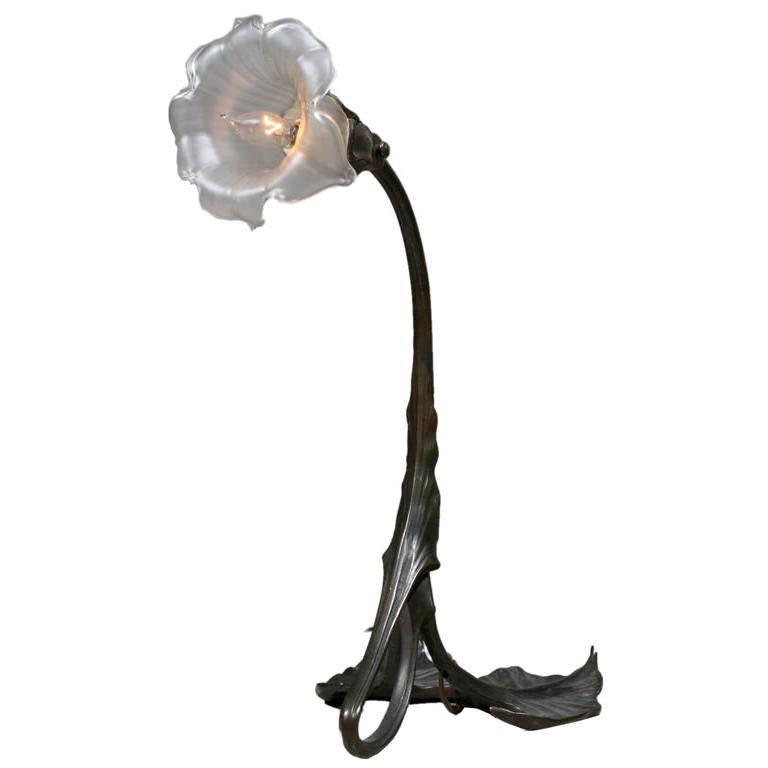 French Art Nouveau Bonze and Blown Glass Lamp by Paul Follot For Sale