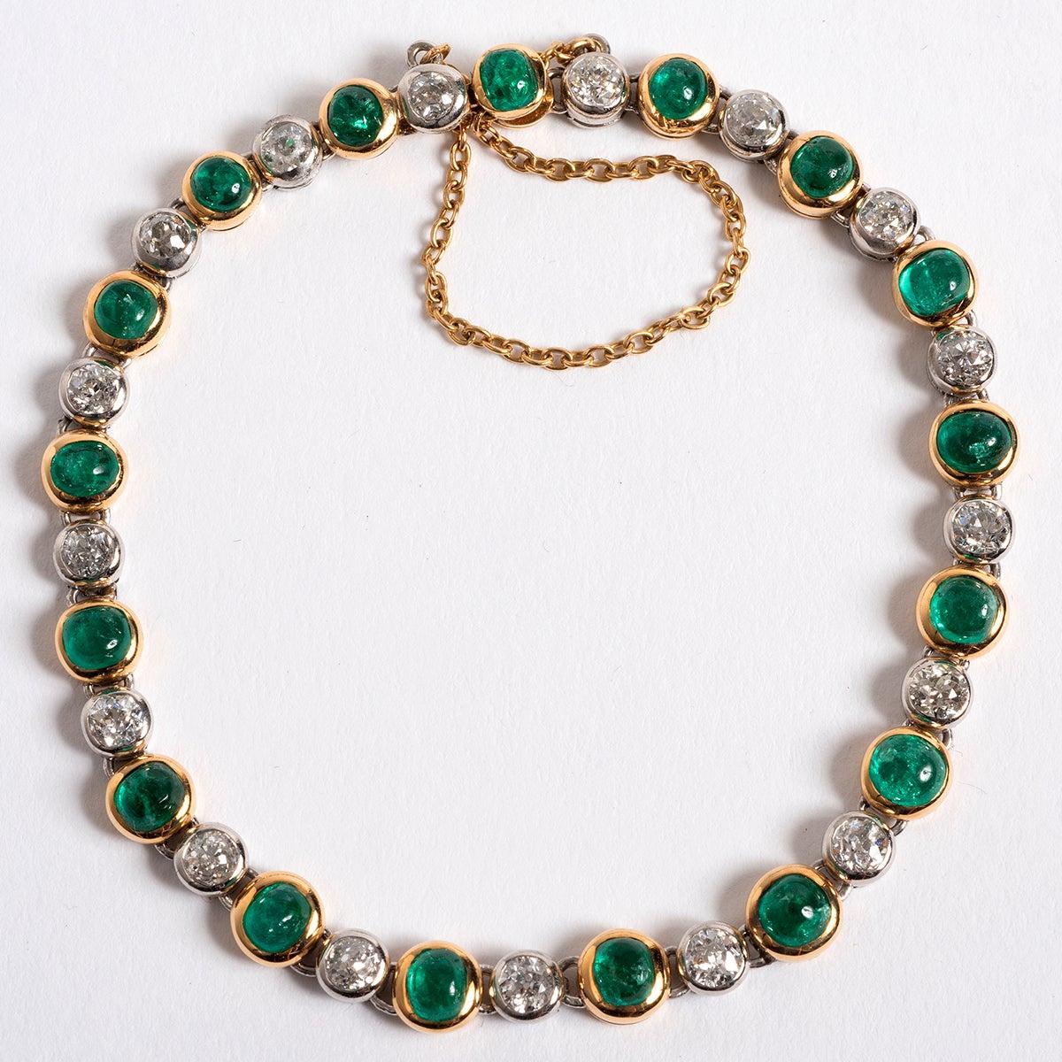 French Art Nouveau Bracelet with 17 Old Cut Diamonds & 17 Cabochon Emeralds In Excellent Condition In Canterbury, GB