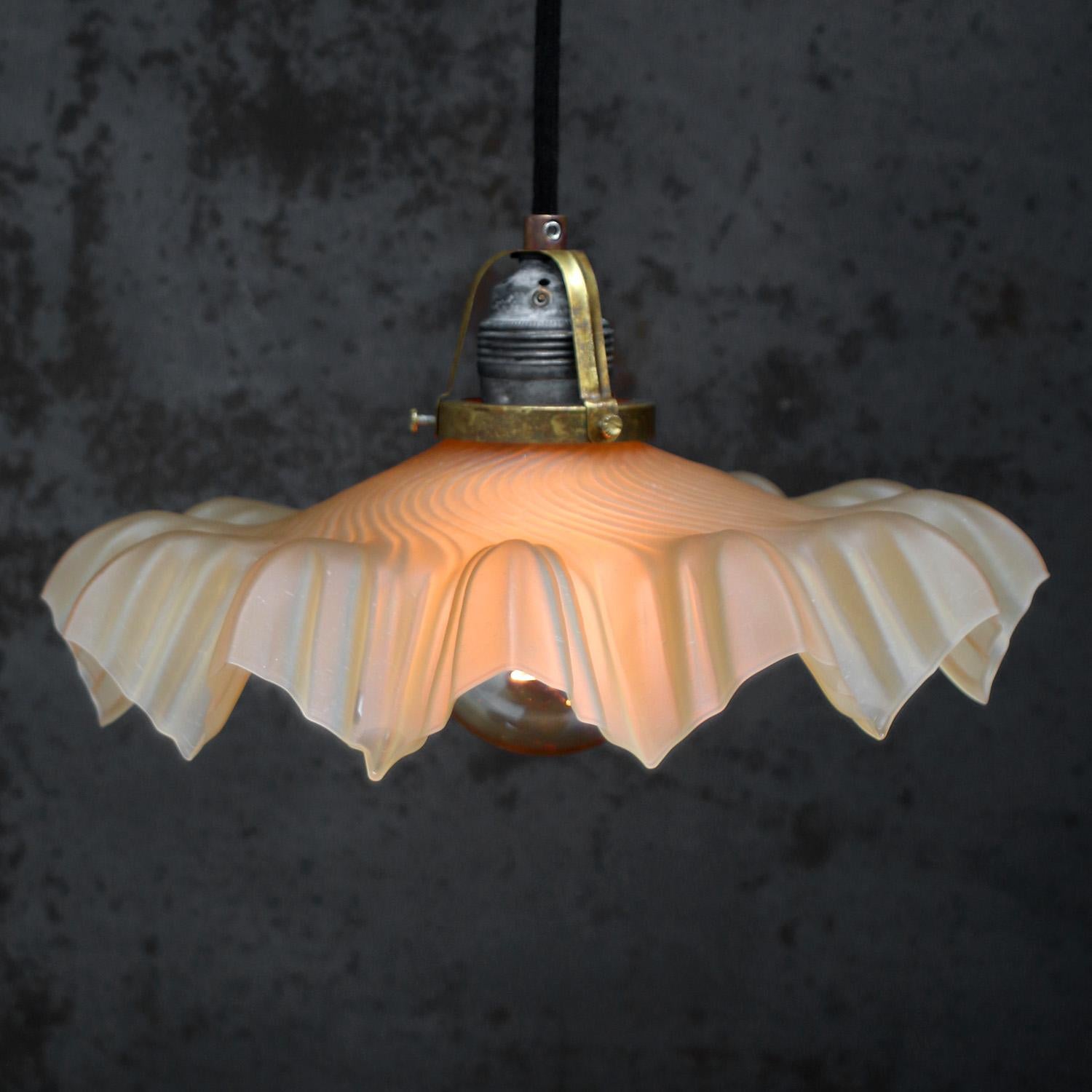 French Art Nouveau glass lamp
Brass bulb holder with amber glass shade.

2 meter / 80 inches black cotton wire.

Weight: 0.70 kg / 1.5 lb

Priced per individual item. All lamps have been made suitable by international standards for incandescent